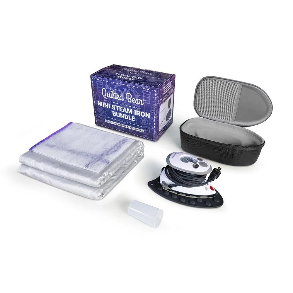 The Quilted Bear Mini Iron, Rest & Ironing Mat - Lightweight Mini Steam Iron with Hard Shell Travel Case, Rest & Ironing Mat - Travel Essentials for Wrinkle Free Clothes & Effortless Quilting (Black)