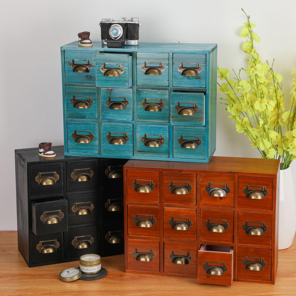 Apothecary Drawers Card Catalog Cabinet with 12 Drawers Wooden Card Catalog Wooden Storage Box for Desktop Organizer (Blue)