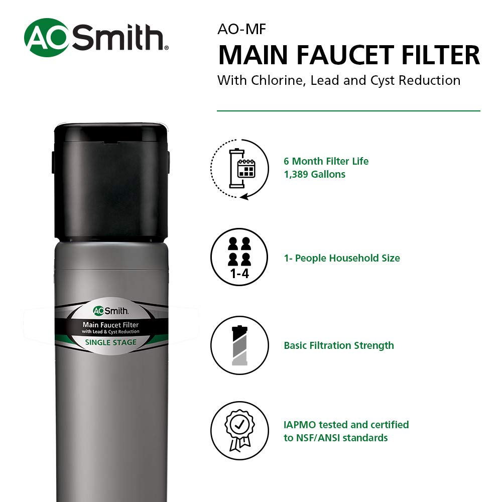 AO Smith Water Filter for Sink Faucet - Basic Direct Connect Under Sink Water Filter System - Carbon Block Filter Reduces Up to 99% of 9 Harmful Contaminants - AO-MF