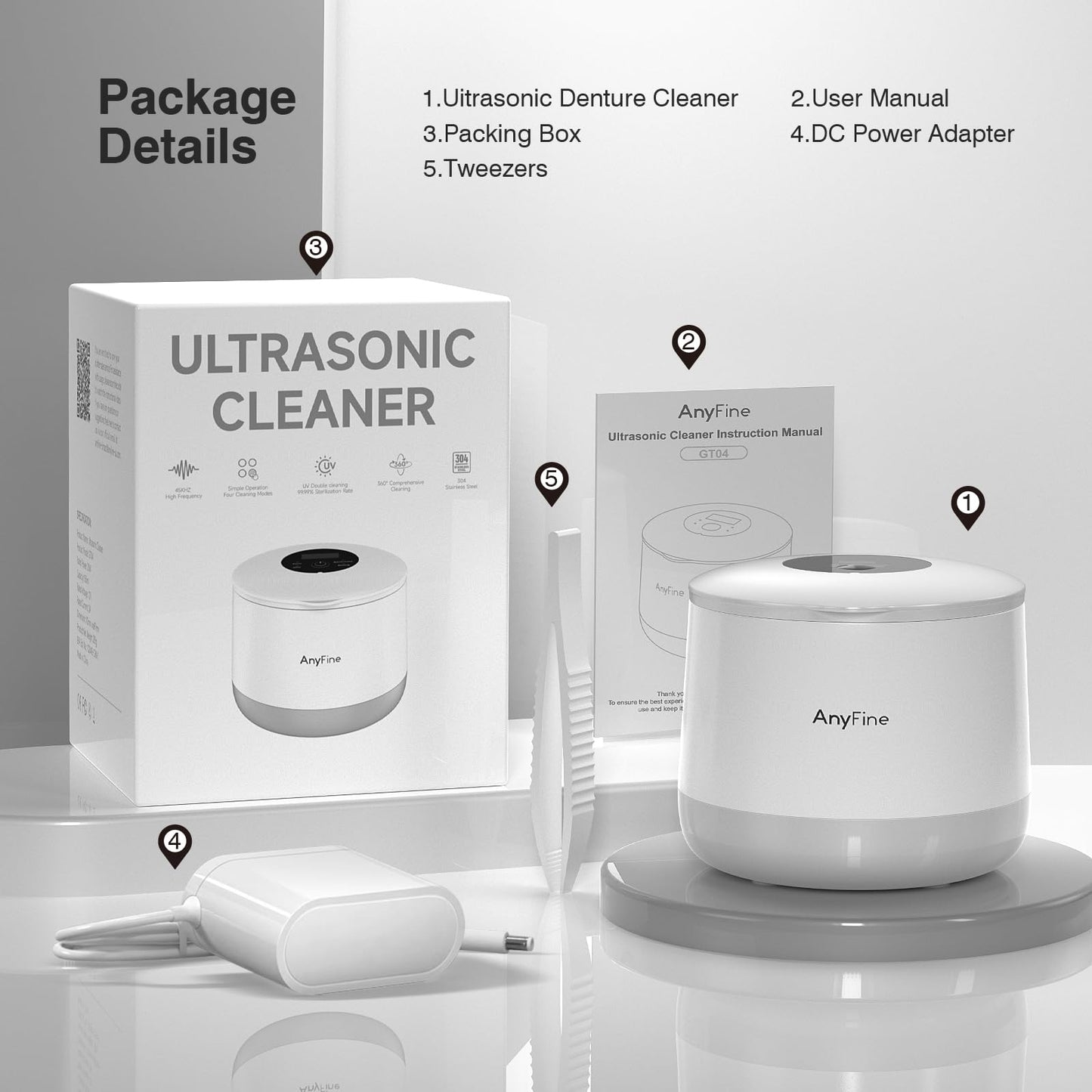 AnyFine Advanced Ultrasonic Retainer Cleaner Machine for Dentures, Mouth Guards, Braces, Toothbrush Heads, Jewelry, 45kHz Triple-Phase Purification System, 4 Modes for Multiple Dental Appliances