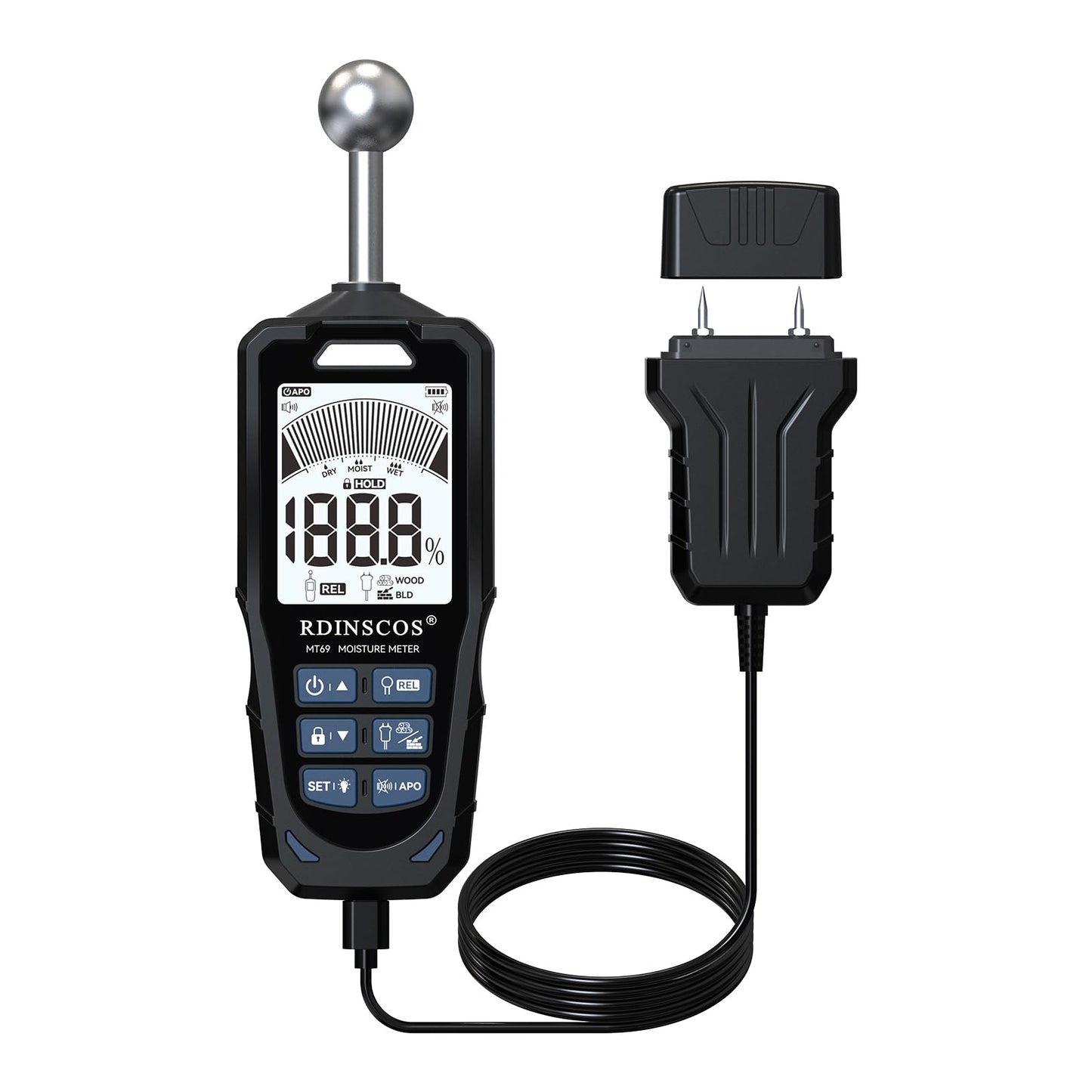 2-in-1 Pin & Pinless Moisture Meter, Digital Moisture Detector for Wood, Drywall & Building Materials, Large LCD Display, 3-Color Indicator, Calibration, Rechargeable Battery