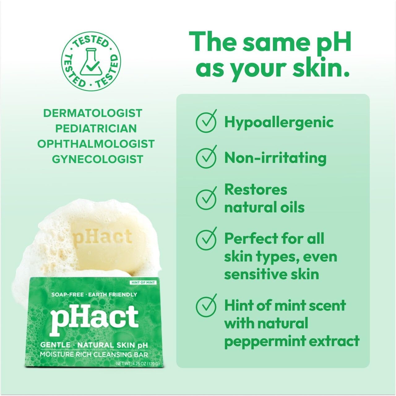 ANDREW LESSMAN pHact Moisture-Rich, Soap-Free Cleansing Bar Hint of Mint. Natural Skin pH. All Skin Types - Even Sensitive Skin. Hypoallergenic. Dermatologist Tested. 6-Pack 4.25 oz Each
