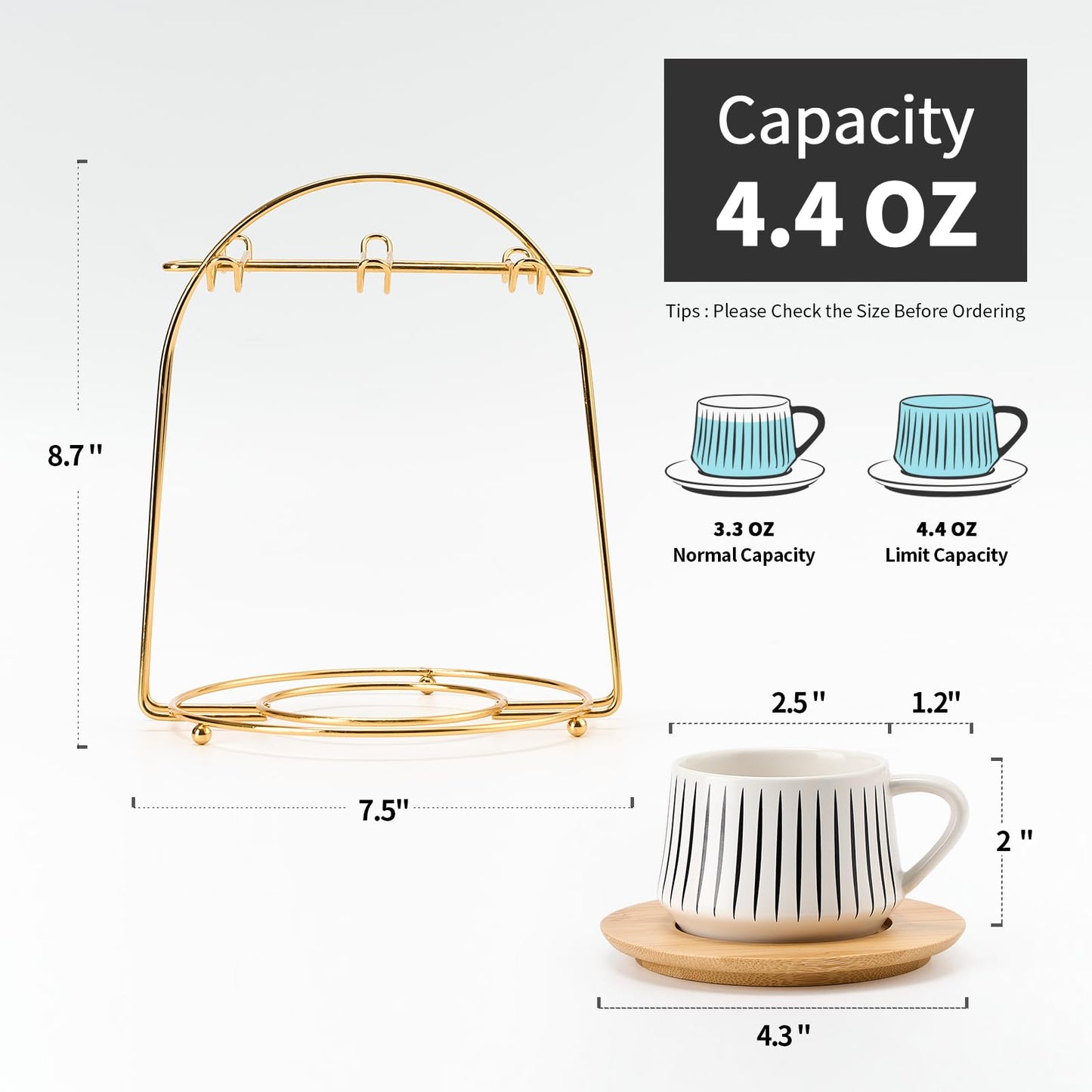 LUKA Ceramic Coffee Espresso Cups with Saucers Set with Metal Holder, 4 oz Porcelain Demitasse Cups For Tea, Espresso, Latte, Coffee, Cafe Mocha, Set of 6, White