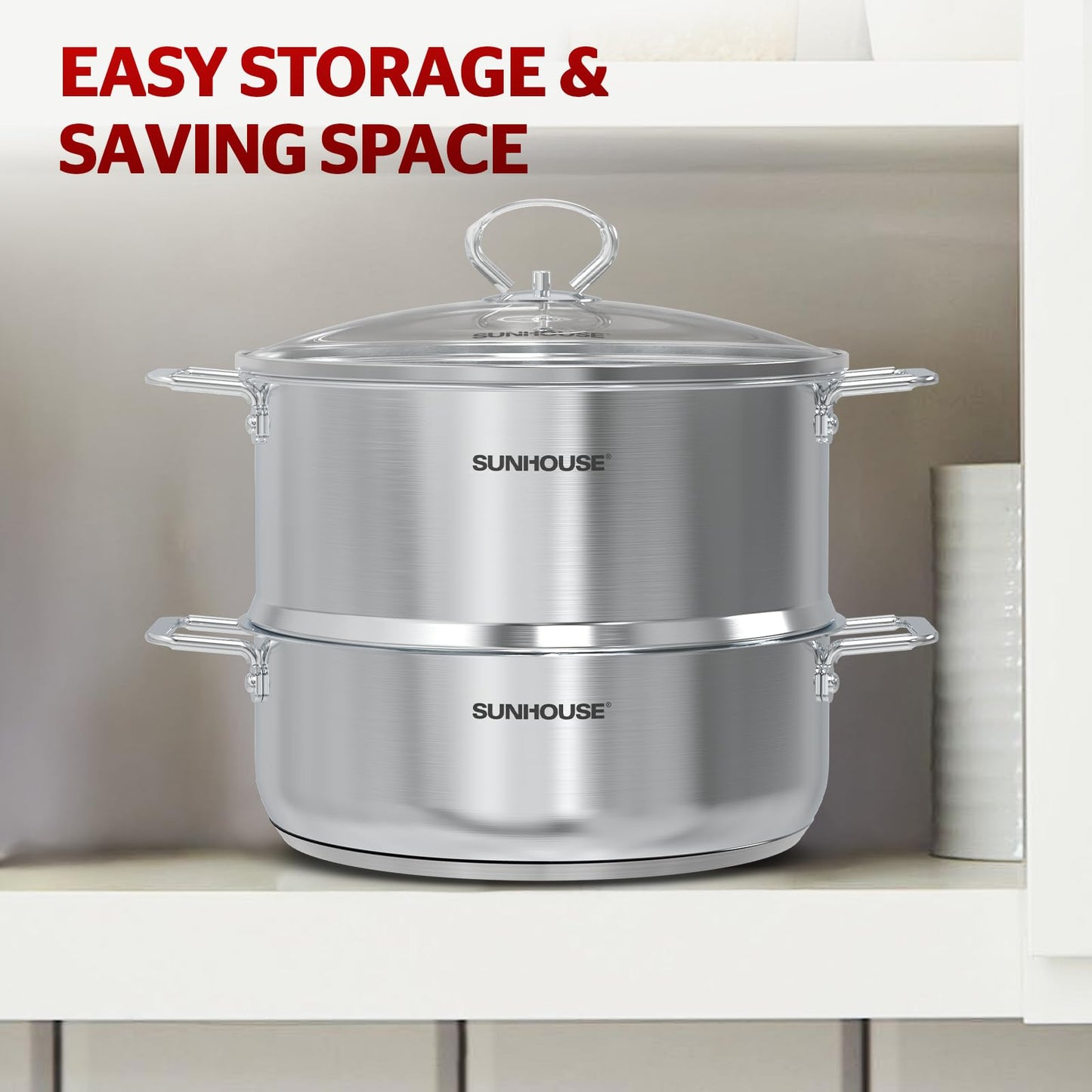 SUNHOUSE 2-Tier Stainless Steel Steamer Pot for Cooking - Large 5.5 QT Steamer Basket & 3.8 QT Stockpot - Tri-Ply Base Vegetable Steamer with Stay-Cool Silicone Handles and Lid - Induction Compatible