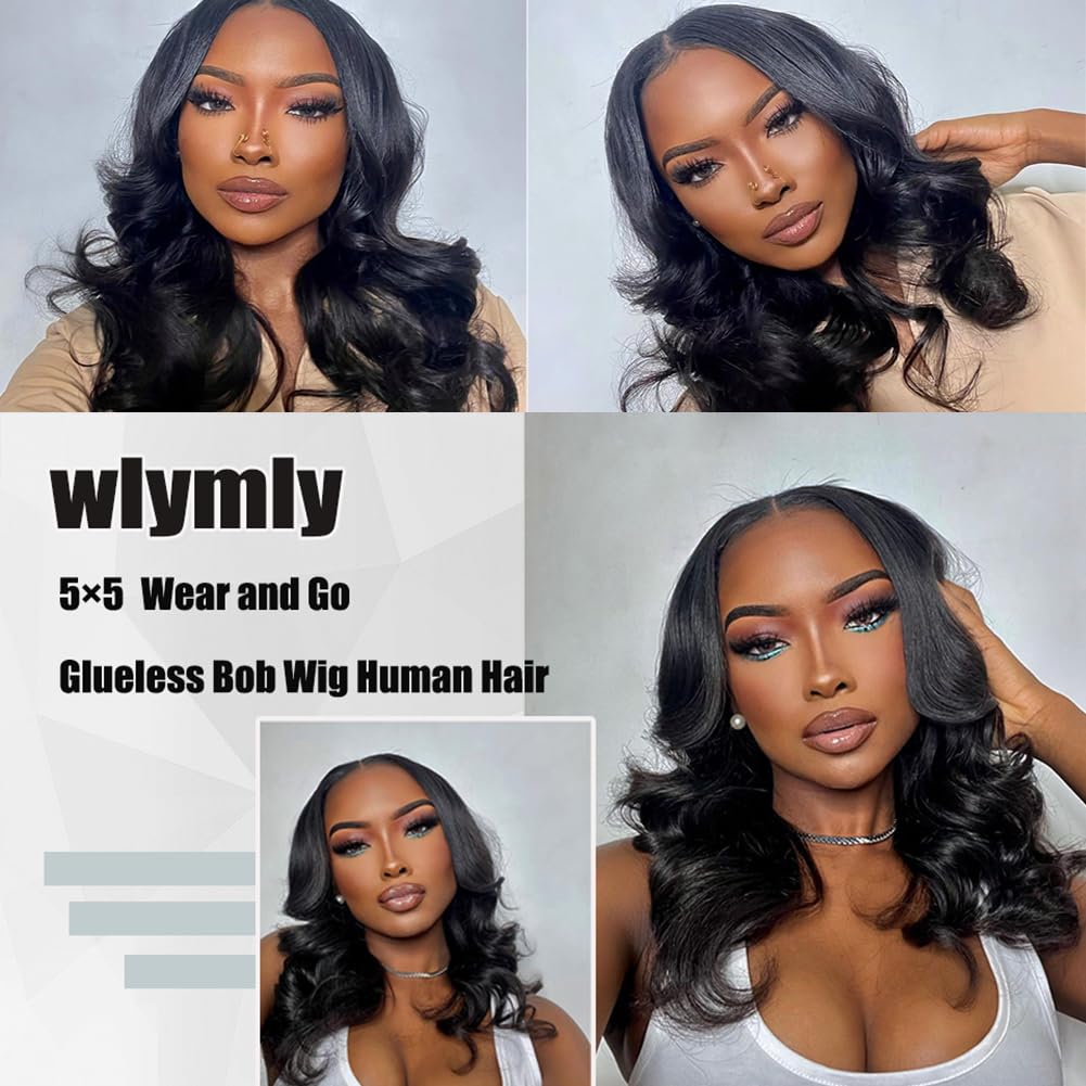 5x5 Glueless Wigs Human Hair Pre Plucked Body Wave Bob Wig Wear and Go Lace Front Human Hair Wigs for Black Women Ready to Wear Wigs for Beginners Pre Cut Lace Closure Wigs No Glue Needed 16 Inch