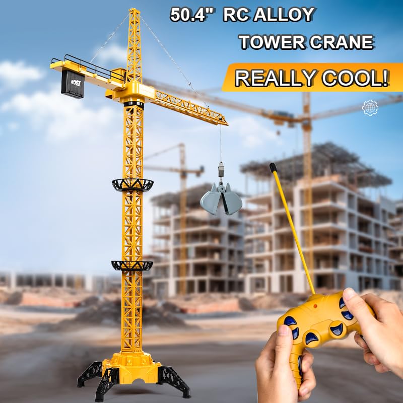 DIY Alloy 4 Channel RC Tower Crane for Kids - 50.4 Inches Remote Control Crane Toy with 2 Batteries, Rotating Lift Construction Vehicles with LED Lights, Excavator Toy for Ages 4,5,6,7,8 Boys & Girls