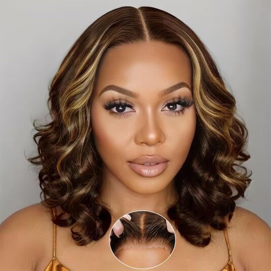 ISEE Wear Go Glueless Wigs Human Hair Pre Plucked Pre Cut Short Bob Body Wave Lace Front Wigs Human Hair for Women Upgraded Glueless Bob Wig 7x5 HD Lace Closure Wigs (Highlight Ombre, 16 Inch)