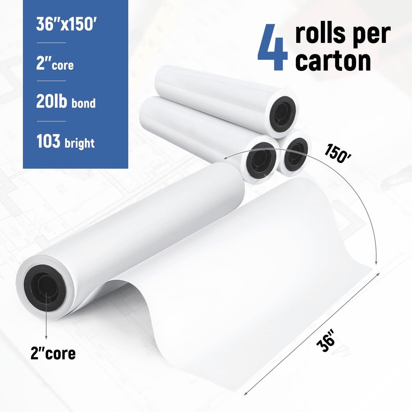 36" x 150' Wide Format Plotter Paper, Goefun CAD Bond Paper Rolls 2" Core for CAD Printing on Wide Format Printers, 4 Rolls