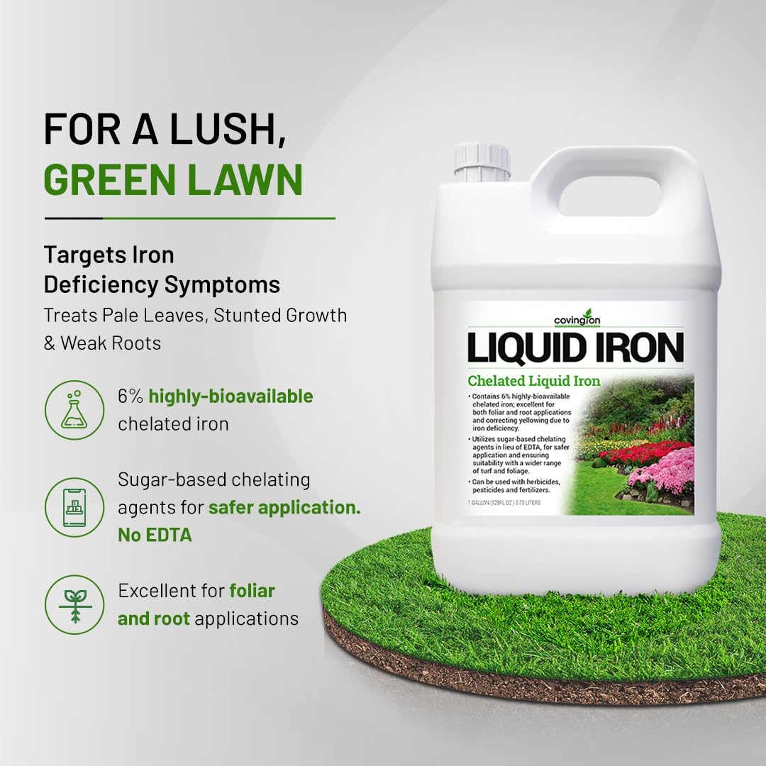 Covington Chelated Liquid Iron +Plus Concentrate (1 Gal) – Lawn & Garden Liquid Iron & Nitrogen Supplement for Plants, Shrubs & Trees, Treats Deficiency, Discoloration, Stunted Growth & Root Stress