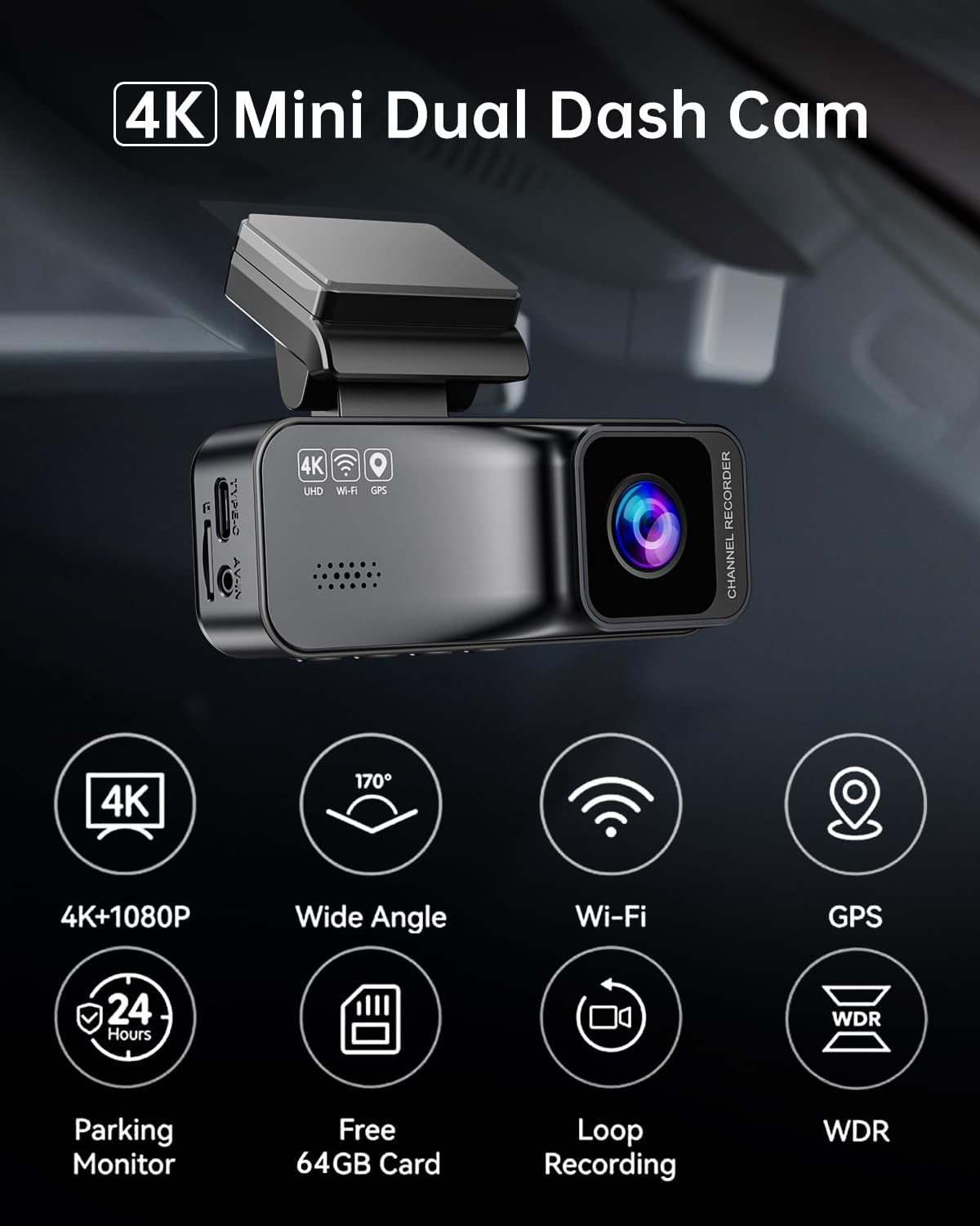 KooBaCar 4K/2.5K Dash Cam Front and Rear, Dual Dash Camera for Cars, Included 64GB Card, Built-in Wi-Fi GPS,Car Camera with 3.20" IPS Screen,UHD Night Vision, Loop Recording, WDR, 24H Parking Monitor