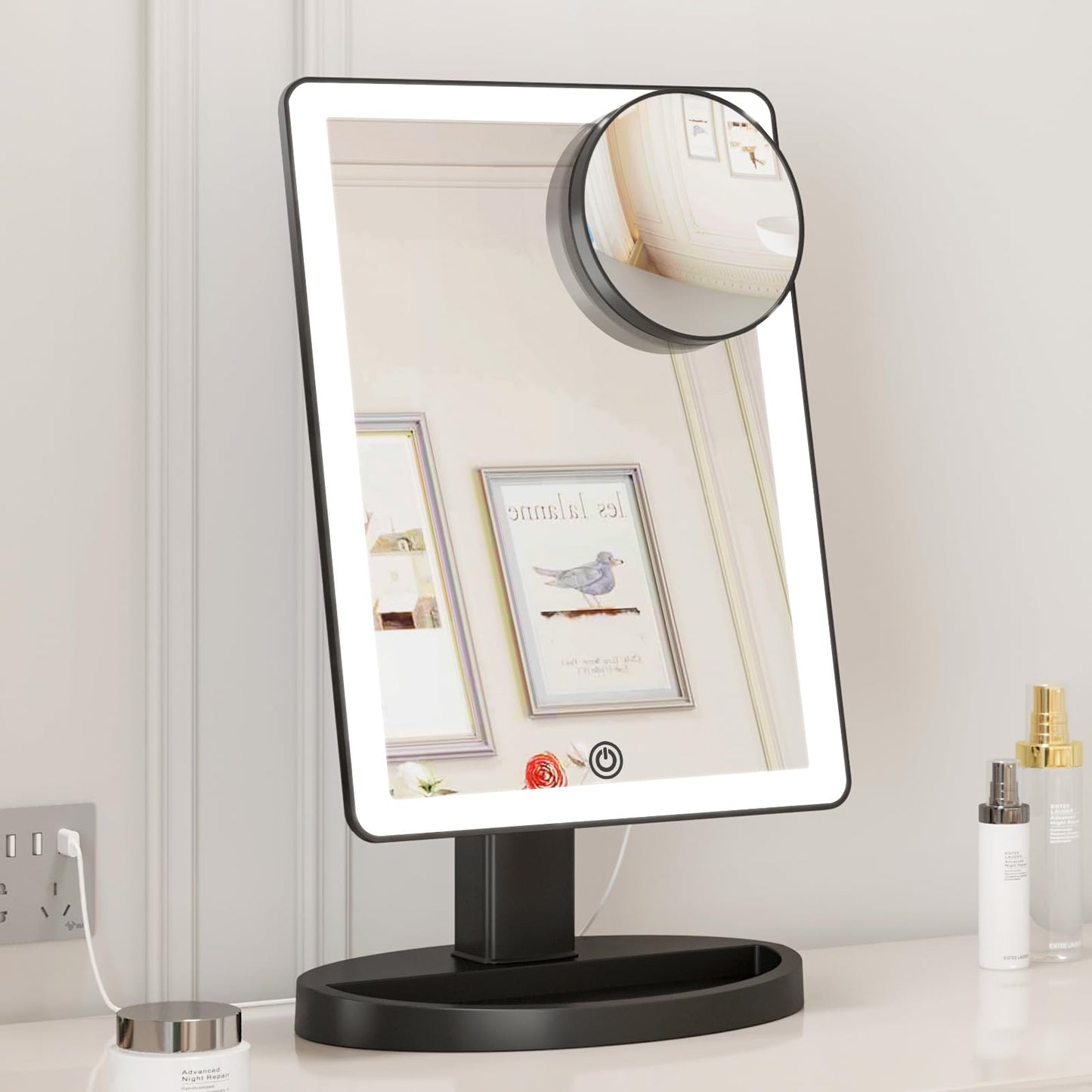 FUNTOUCH Large Lighted Vanity Makeup Mirror with Lights, 3 Color Lighting Modes Light Up Mirror with 88 LED, 360° Rotation Touch Screen and 10X Magnification Tabletop Cosmetic Make Up Mirror (Black)