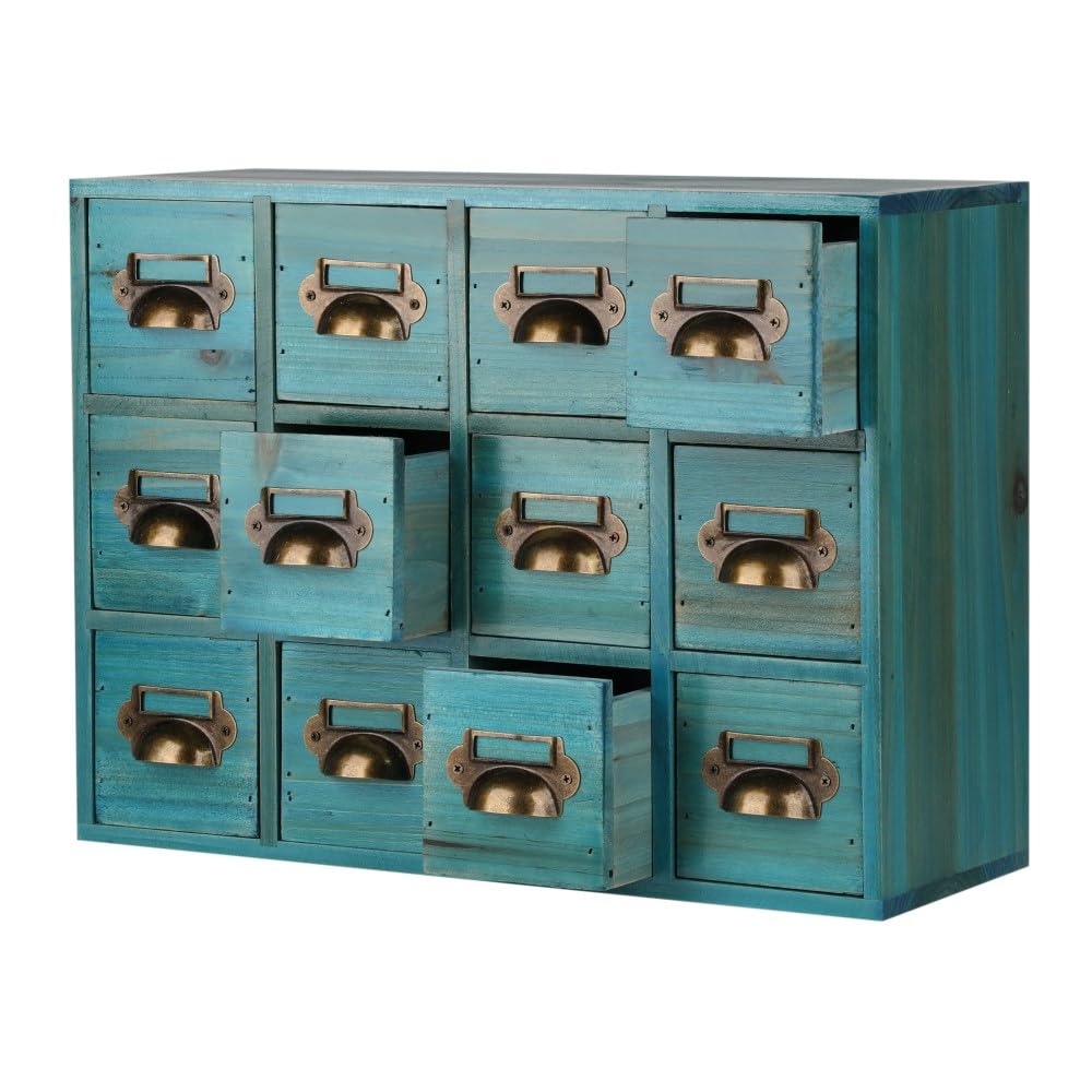 Apothecary Drawers Card Catalog Cabinet with 12 Drawers Wooden Card Catalog Wooden Storage Box for Desktop Organizer (Blue)