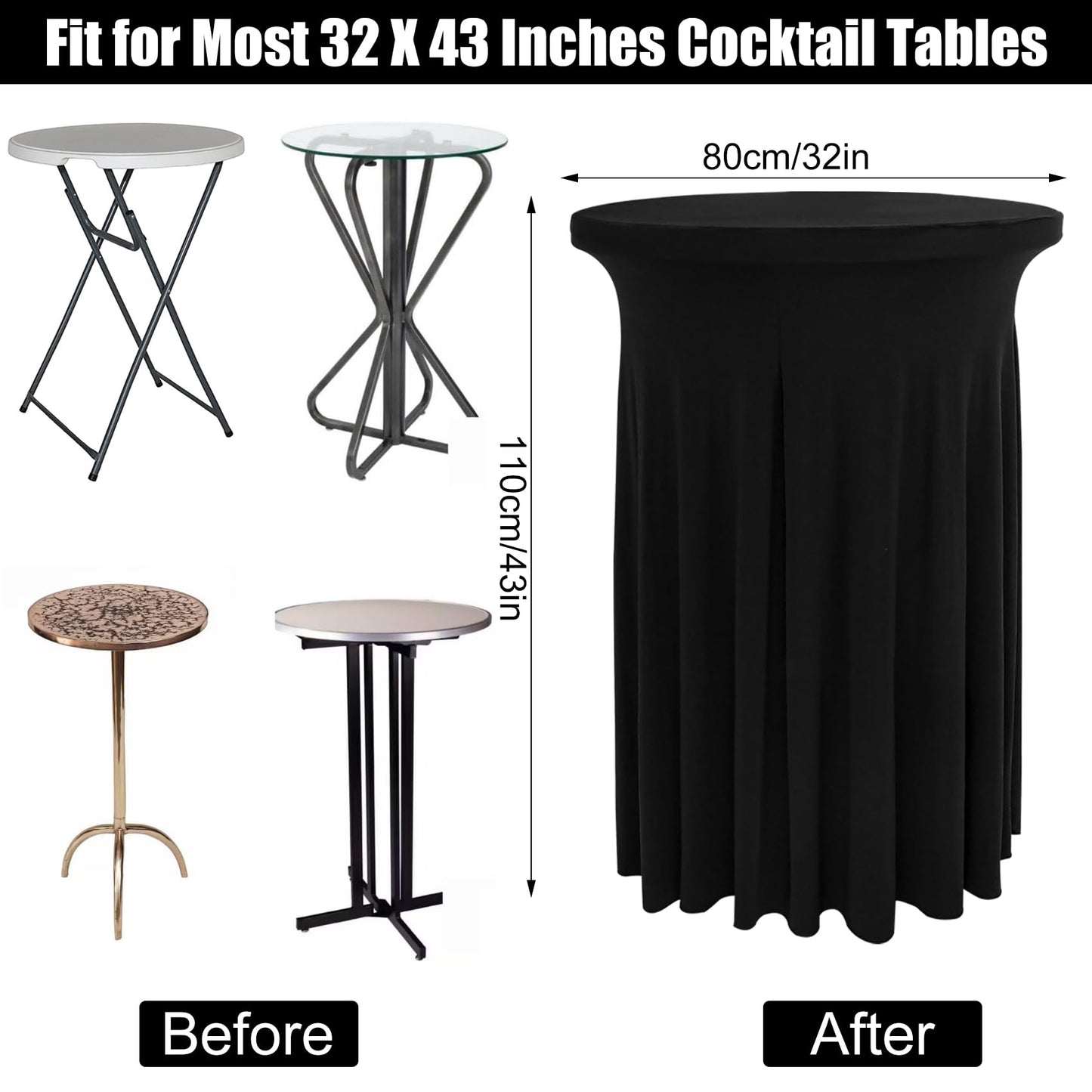 JALANCY 4 Packs 32 x 43 Inch Spandex Round Cocktail Table Skirts with Wavy Drapes Stretch Cocktail Tablecloth Fitted High Top Tables for Wedding Bar Party Banquet (Black)