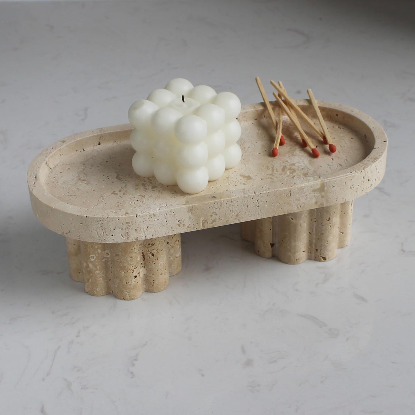 Natural Travertine Marble Oval Tray with 2 Legs, 10" Vanity Decorative Tray for Countertop Organizer, Catchall Tray for Perfume, Candles, Jewelry Dishv