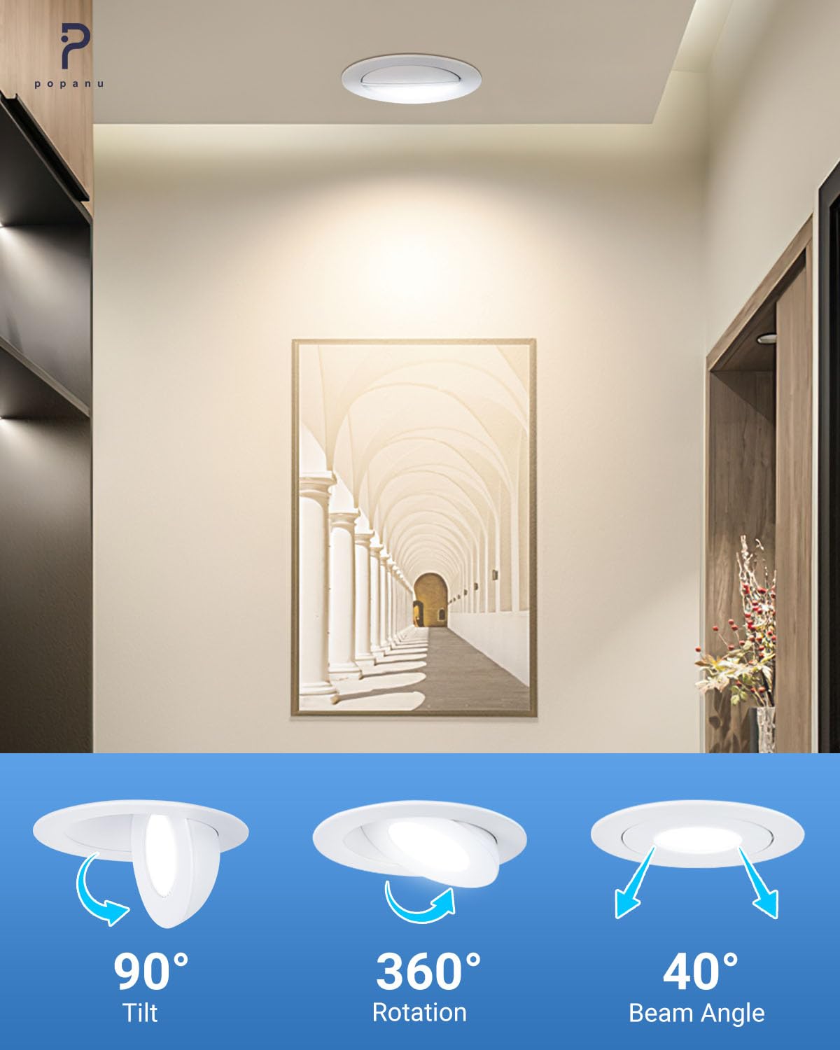 POPANU 6-Inch Gimbal Recessed Light - 12W 90° Tilt & 360° Rotation, 5CCT (2700K-5000K), IC Rated LED Eyeball Recessed Lighting, for Sloped Ceilings, Soffit Light, Hallyway,Kitchens, White 6 Pack