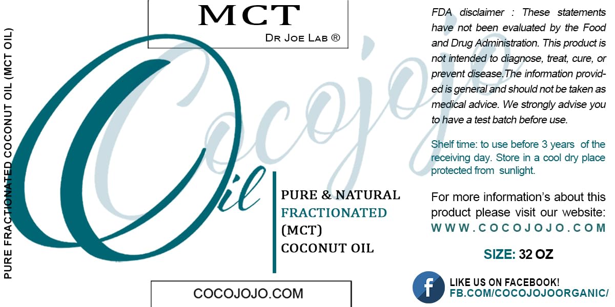 Dr Joe Lab MCT Oil - Pure, Fractionated Coconut Oil, Non GMO, Medium Chain Triglycerides, Vegan, Bulk Carrier Oil - 32 oz - for Skin, Hair, Nails, Body, Facial Hair