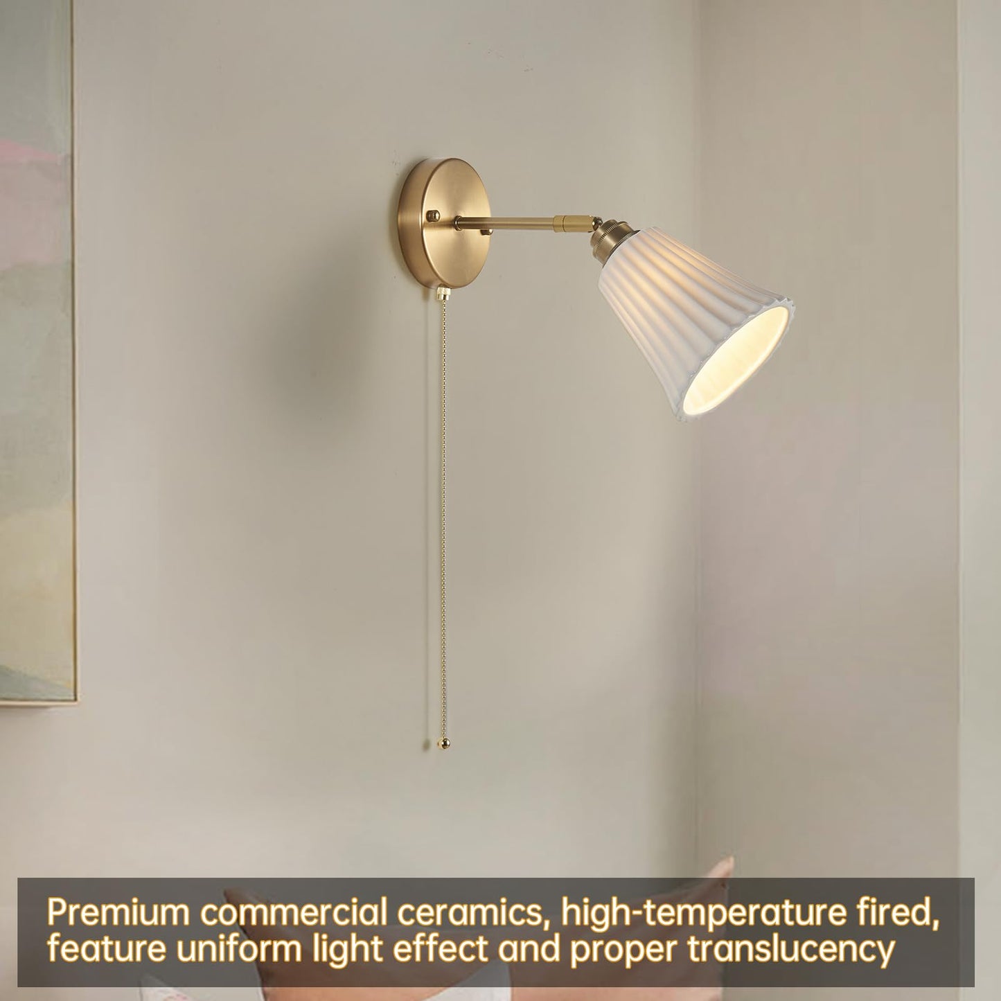 2-Pack Modern Gold Ceramic Hardwired Wall Sconces with Pull Chain Switch & Adjustable Arms – Indoor Wall Light Fixtures for Living Room, Bedroom, Kitchen & Home Office