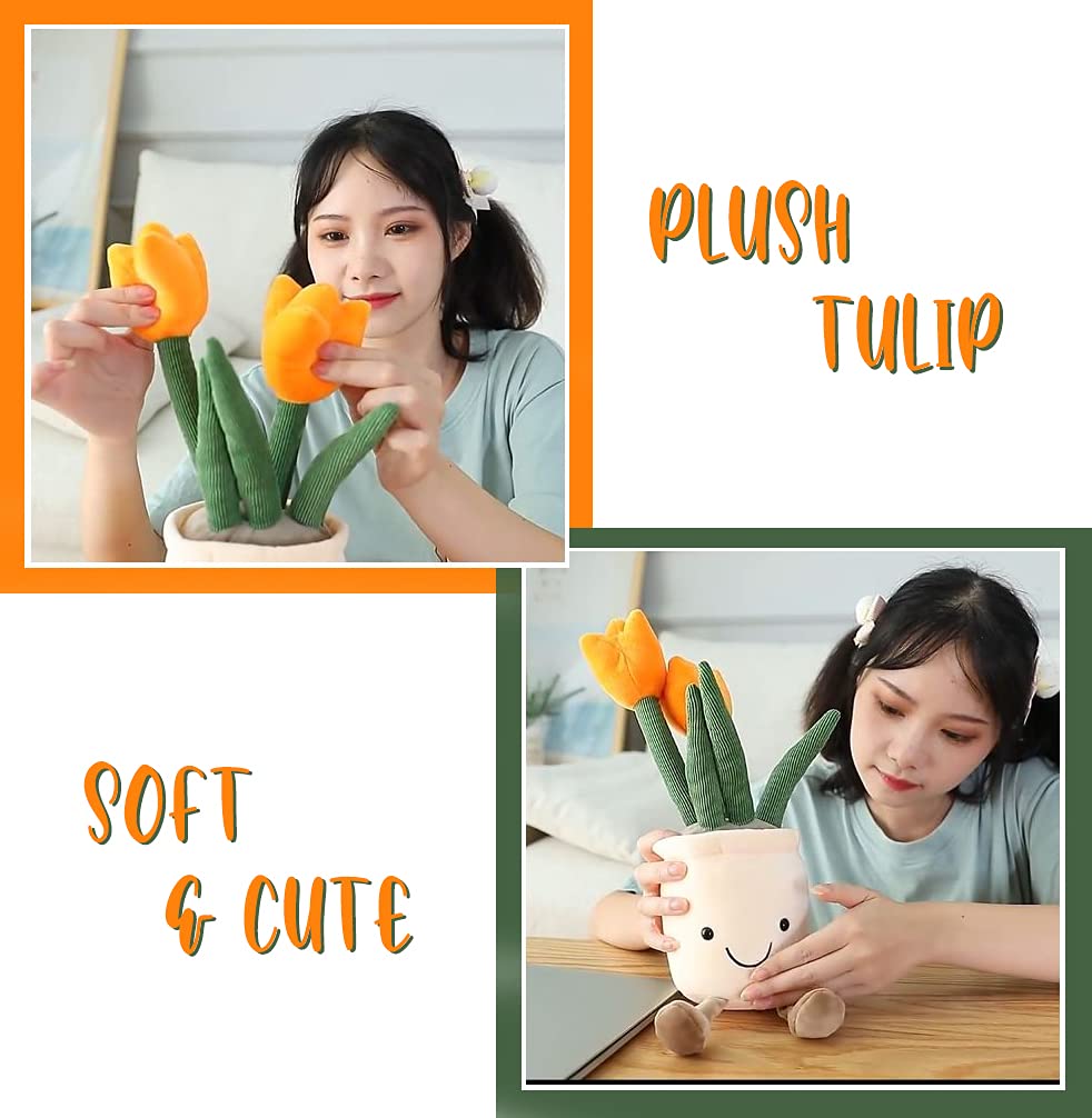 Tulip Plush Toy, 32cm Orange Flower Pot Stuffed Throw Plushie Pillow Doll, Soft Fluffy Plant Friend Hugging Cushion - Present for Every Age & Occasion