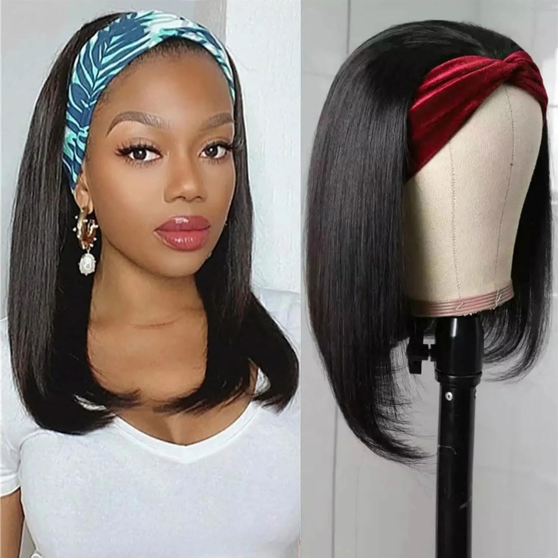 Annora Headband Wigs Human Hair Short Bob Wig Human Hair Straight bob Headband Wig Human Hair Remy Hair Easy Wear and Go Glueless WigsBob Headband Wigs for Women Black Color 150% Density 12 Inch