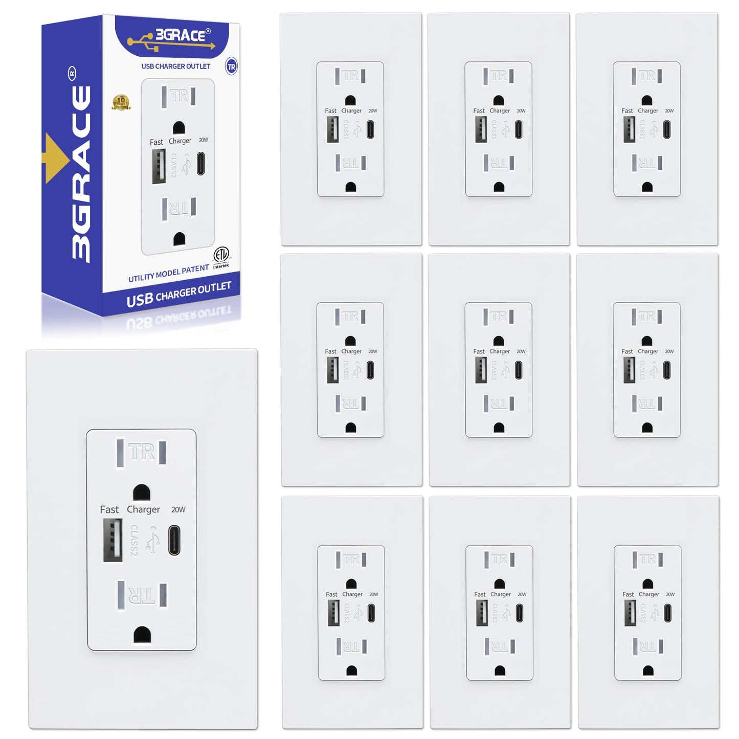 3GRACE USB Wall Outlet, Charger Outlets Receptacles with 4.2A USB C Ports, 15 Amp Duplex Tamper Resistant Receptacle Plug with Electrical Outlet, Wall Plate Included, ETL Listed,White, 10 Pack