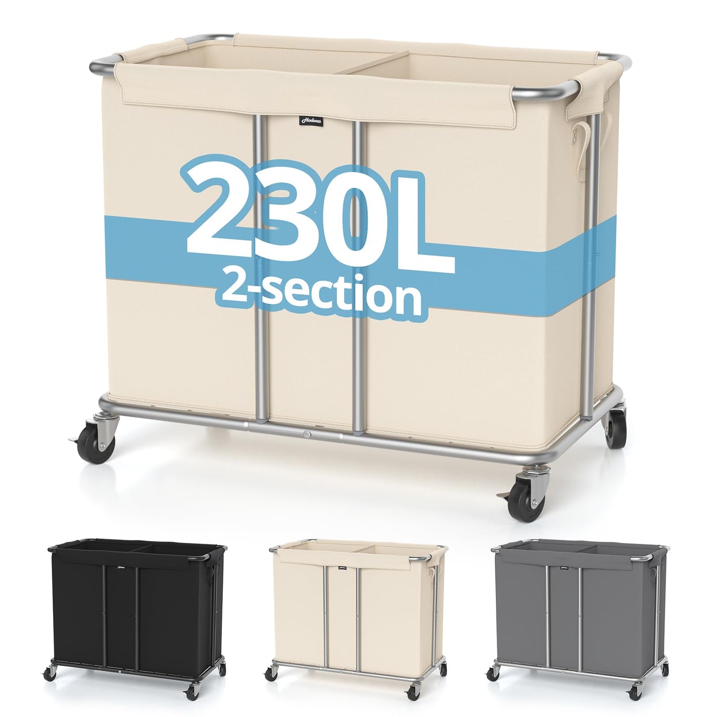 Hodonas 230L Rolling Laundry Hamper, 2-Section Laundry Basket with Wheels, 61 Gallons Laundry Sorter with Metal Structure and Removable Liner, Clothes Hamper for Laundry Room, Bathroom, Bedroom, Beige