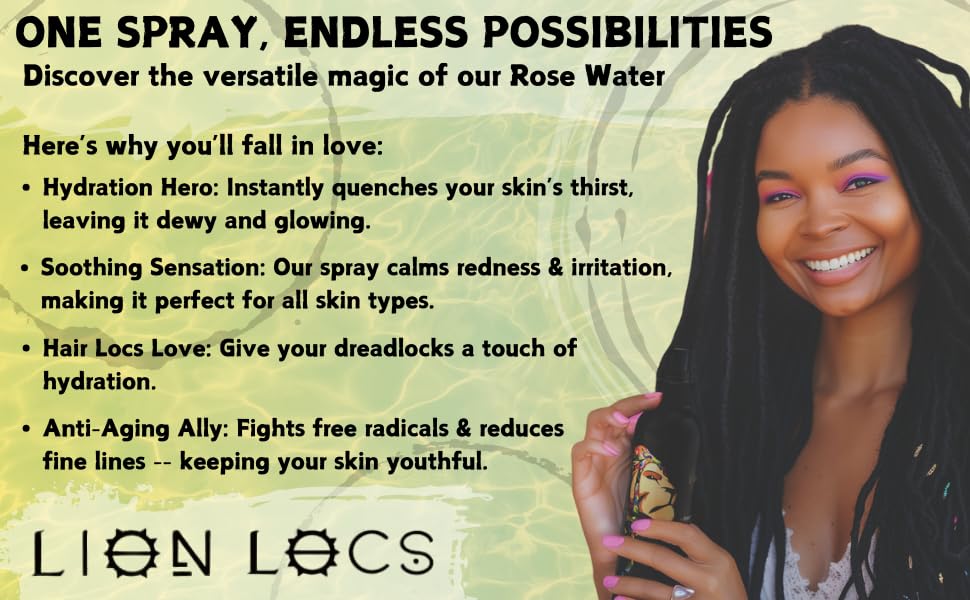 Lion Locs Rosewater Spray for Dreads, Dreadlocks, Braids, Faux Locs, Crochet Locs, Sisterlocks with Aloe, Essential Oils, Vitamins, and Glycerin | Organic Vegan Conditioner Rose Water Spritz (8 oz.)