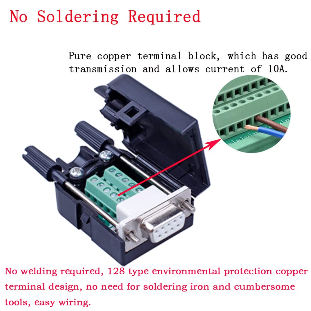 ANMBEST 10PCS DB9 Female Breakout Connector,DB9 Solderless RS232 D-SUB Serial to 9-pin Port Terminal Adapter Connector Breakout Board with Case Long Bolts Tail Pipe