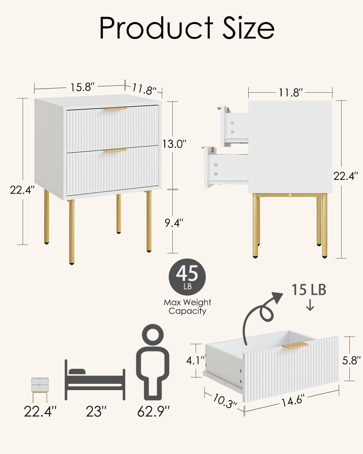 Aienvey Night Stand, Modern Nightstand with Drawers, Bedside Table, Gold Small Side Table for Bedroom, Living Room End Table (White Stripe, 2 Drawers)