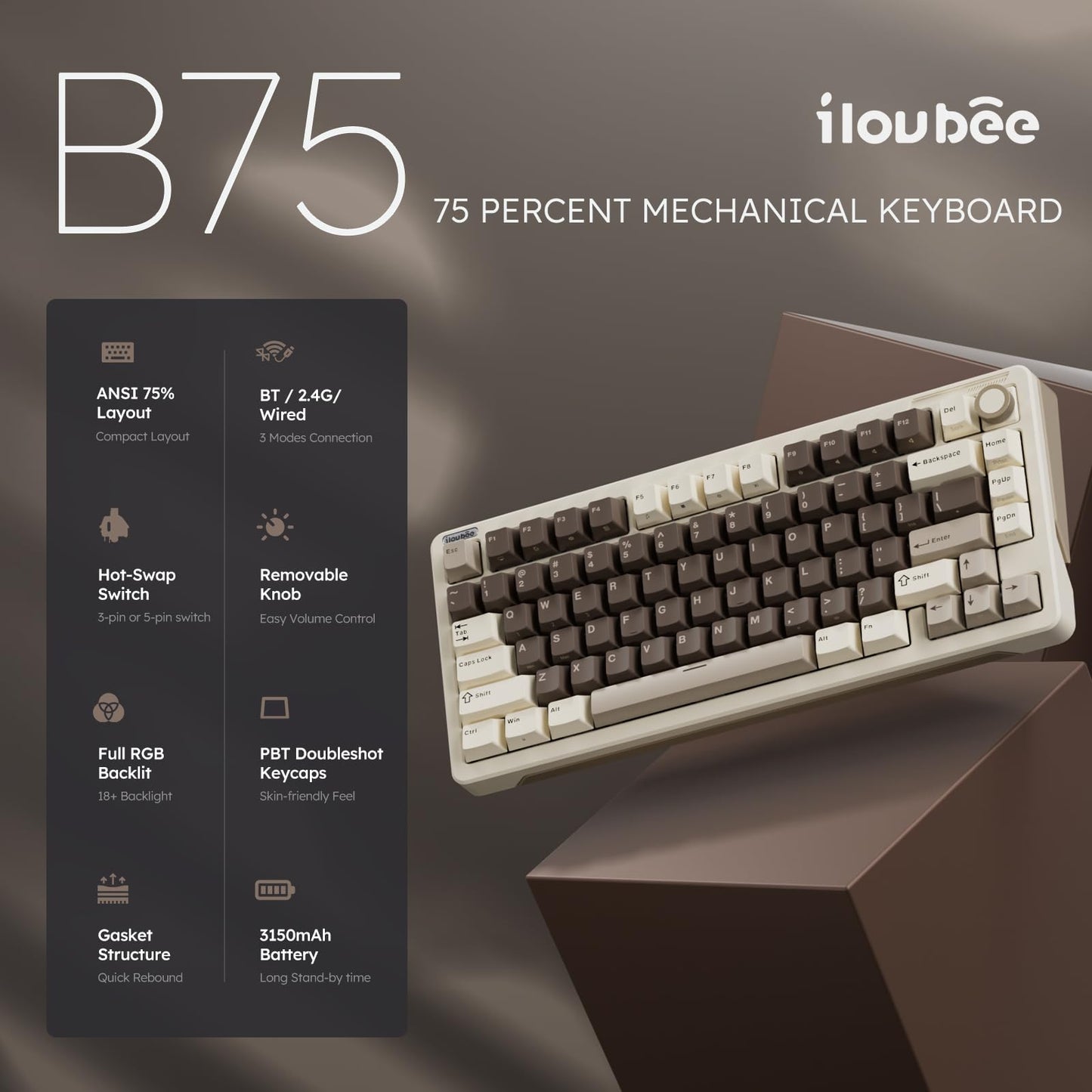 iLovBee B75 Wireless Mechanical Keyboard, 75% Percent Gaming Keyboard w/Bluetooth/2.4GHz/USB Wired, Creamy Hot Swappable Keyboards with Knob, Gasket Mounted PBT keycaps, Pre-Lubed Linear Switches