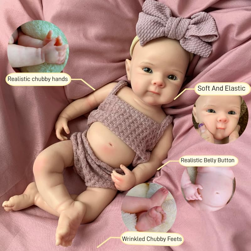 Yokyyi Reborn Baby Doll - 13 Inch Bettie, Anatomically Correct, Realistic Soft Silicone Doll with Dark Pink Bow Dress