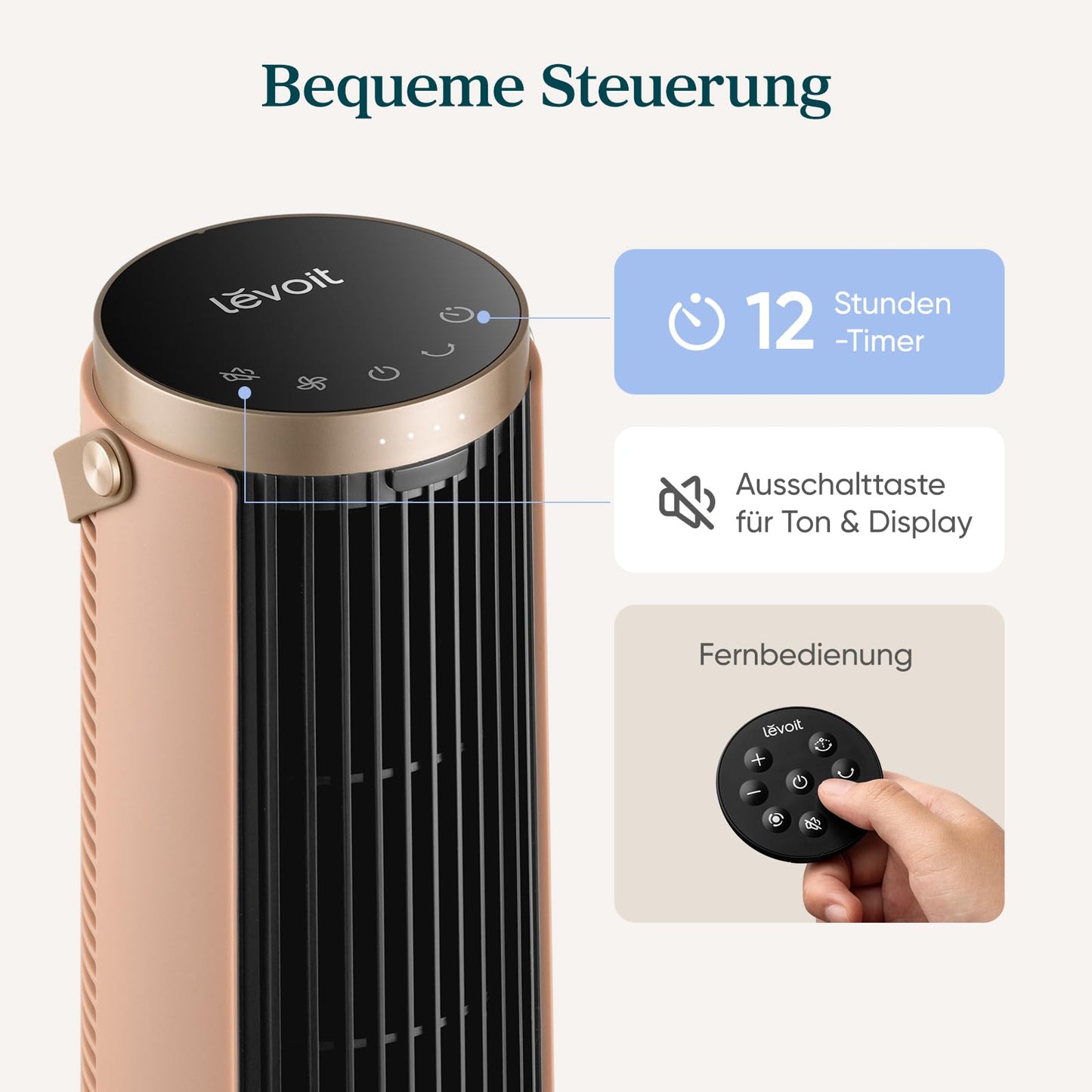 LEVOIT Tower Fan for Bedroom, 20dB Quiet Desk Fan with 23ft/s, Portable & Easy to Carry, 3-Angle & 5-Speed Mini Oscillating Fan, DC Motor, Bladeless, Remoter, 12H Timer, for Home, Room, Office, Clay