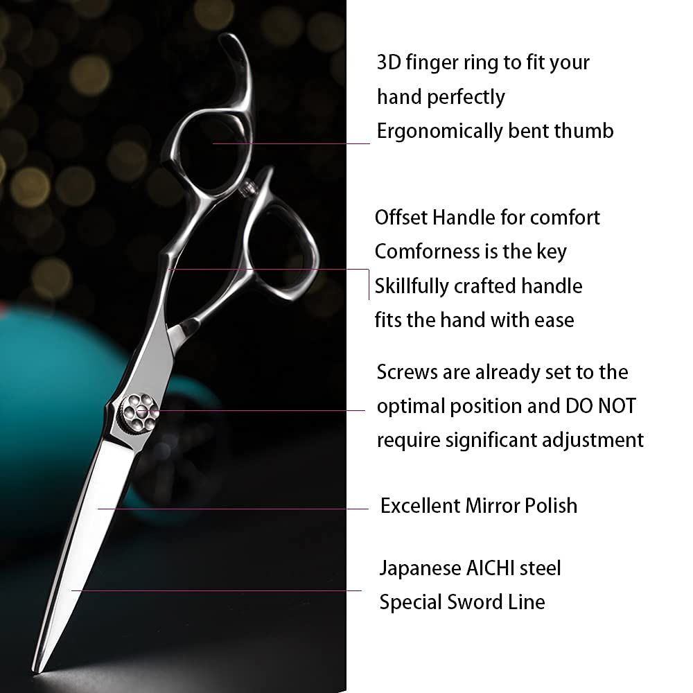 AOLANDUO 6 Inch Left-handed Hair Scissors-High End AICHI Steel Handmade Hair Cutting Shears-Razor Edge/Offset Design/Pro Ergonomic for Salon Stylists Beauticians and Barbers