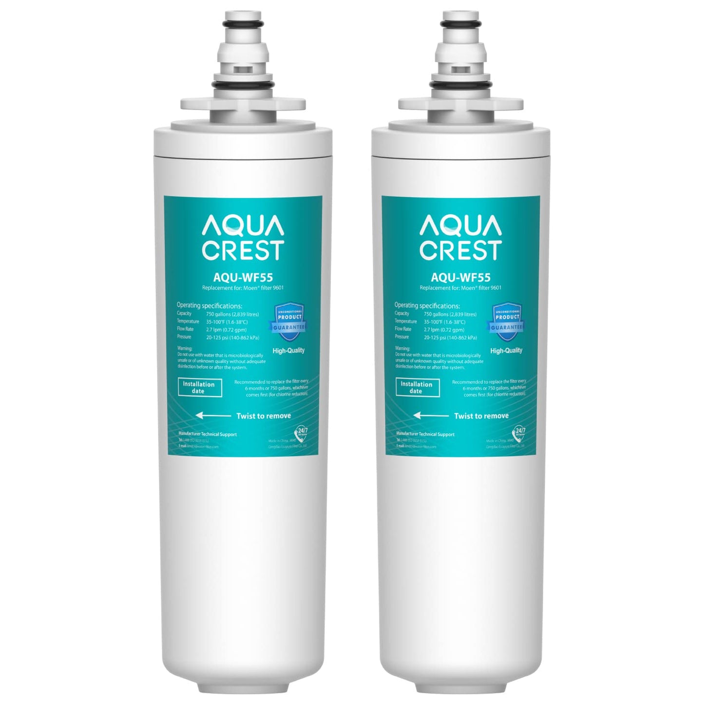 AQUACREST 9601 Water Filter, Model No.AQU-WF55. Replacement for Moen 9601 ChoiceFlo 9600, 9602, 9500, 9501, 9502, Fits F87400, F7400, F87200, 77200, CAF87254, S5500 Series of Moen Faucets (Pack of 2)