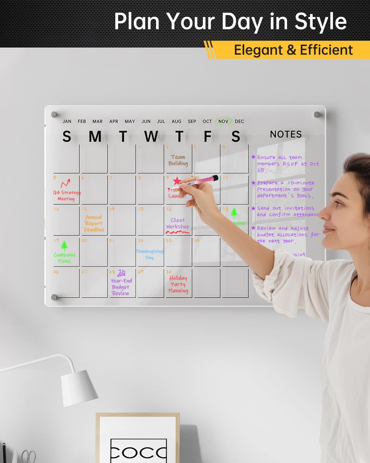 24x16 Acrylic Wall Calendar with Black Print - Medium Dry Erase Planner, 8 Markers, Eraser & Mounting Kit - Ideal for Home, Office, Classroom