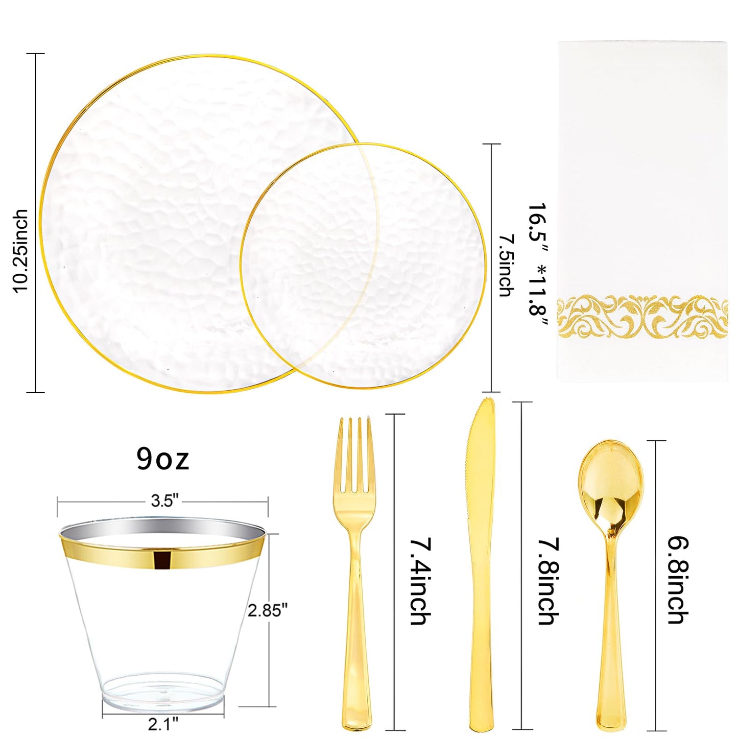 DaYammi 175PCS Clear Gold Plastic Dinnerware Set, Plastic Plates Disposable Hammered Disposable Plates for Party, Include: 25 Dinner Plates 25 Dessert Plates 75 Gold Silverware 25 Napkins 25 Cups