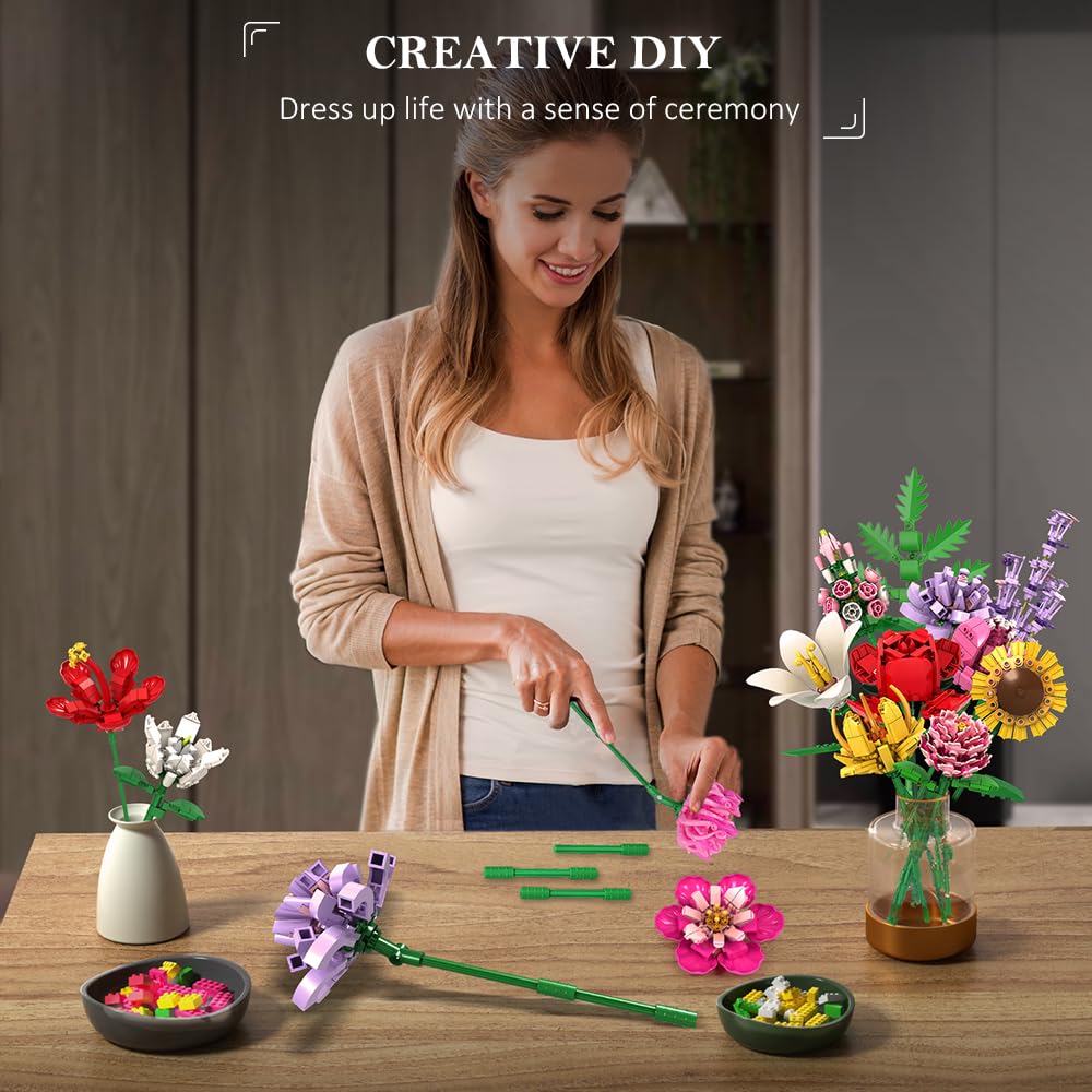 HOGOKIDS Flowers Bouquet Building Set - 1413PCS Bouquet Botanical Collection Building Blocks Toy, 18 Flowers Home Plant Decor, Christmas Birthday Gift for Adults Kids Girls Ages 8+
