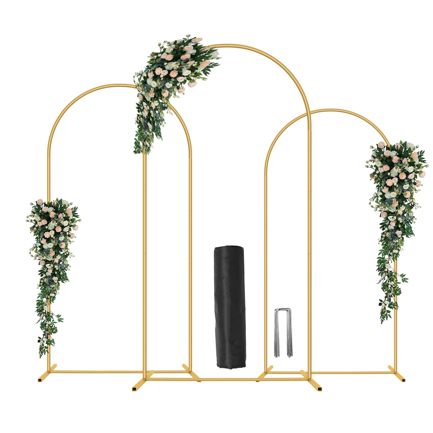 Metal Arch Backdrop Stand, Set of 3 (6/6.6/7.2 ft) Wedding Arched Frame with 12 Ground Nails and Storage Bag, Stable Arched Background Stand for Wedding, Baby Shower, Birthday Party, Photography, Gold