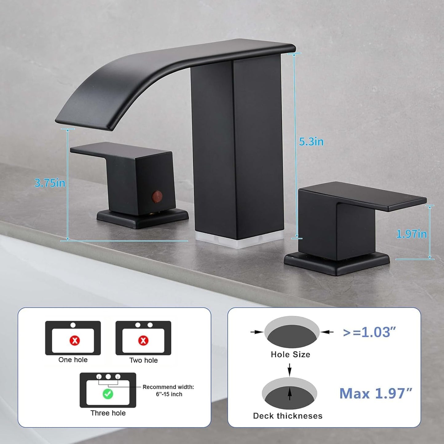 Kyatinsal LED Light Black Waterfall Bathroom Faucet 3 Holes - 8Inch Widespread Bathroom Sink Faucet | Two Handles Lavatory Vanity Sink Faucets with Pop-up Drain Assembly