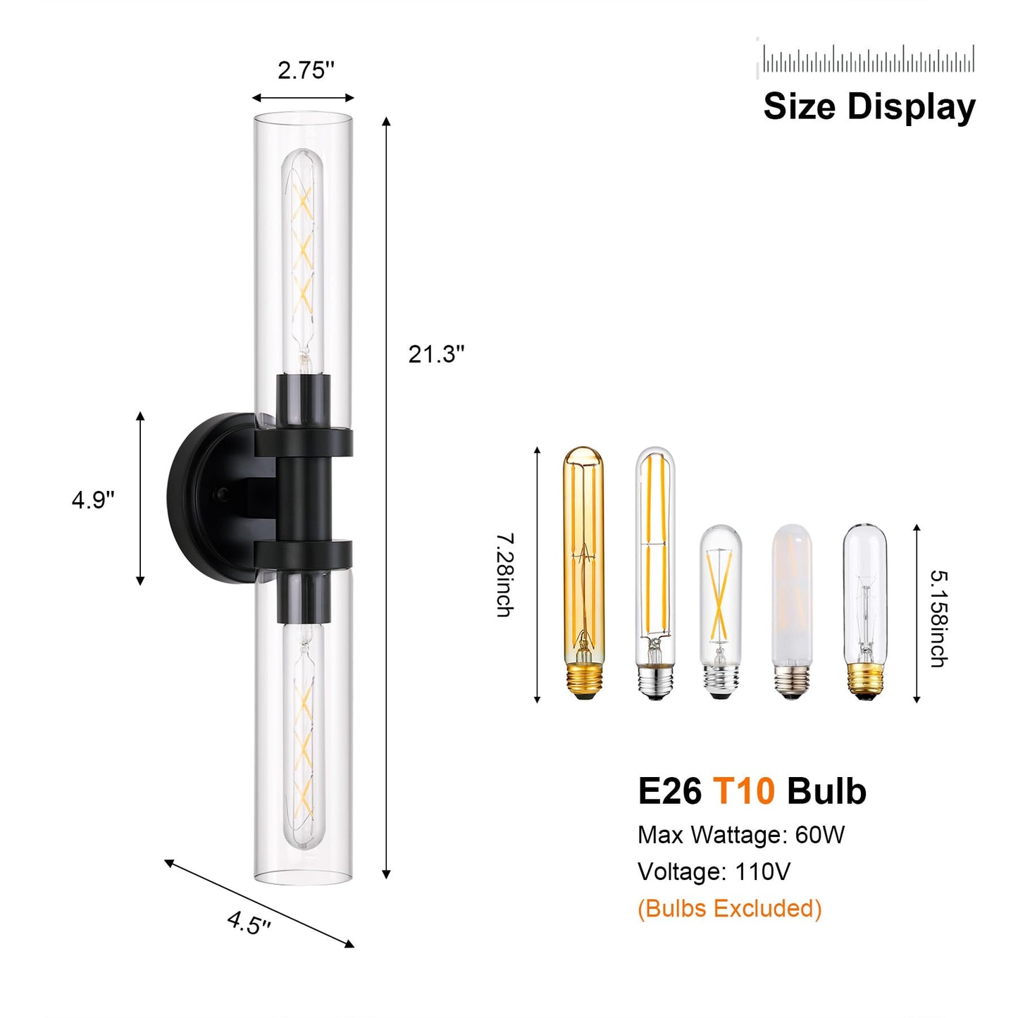 SANTOSTOCK Black Sconces Wall Lighting, Bathroom 2-Light Vanity Light W/Clear Glass Shade, Modern Wall Mounted Lights for Mirror, Makeup Vanity, Kitchen, Washroom, Hallway, E26 T10 Bulbs(Excluded)