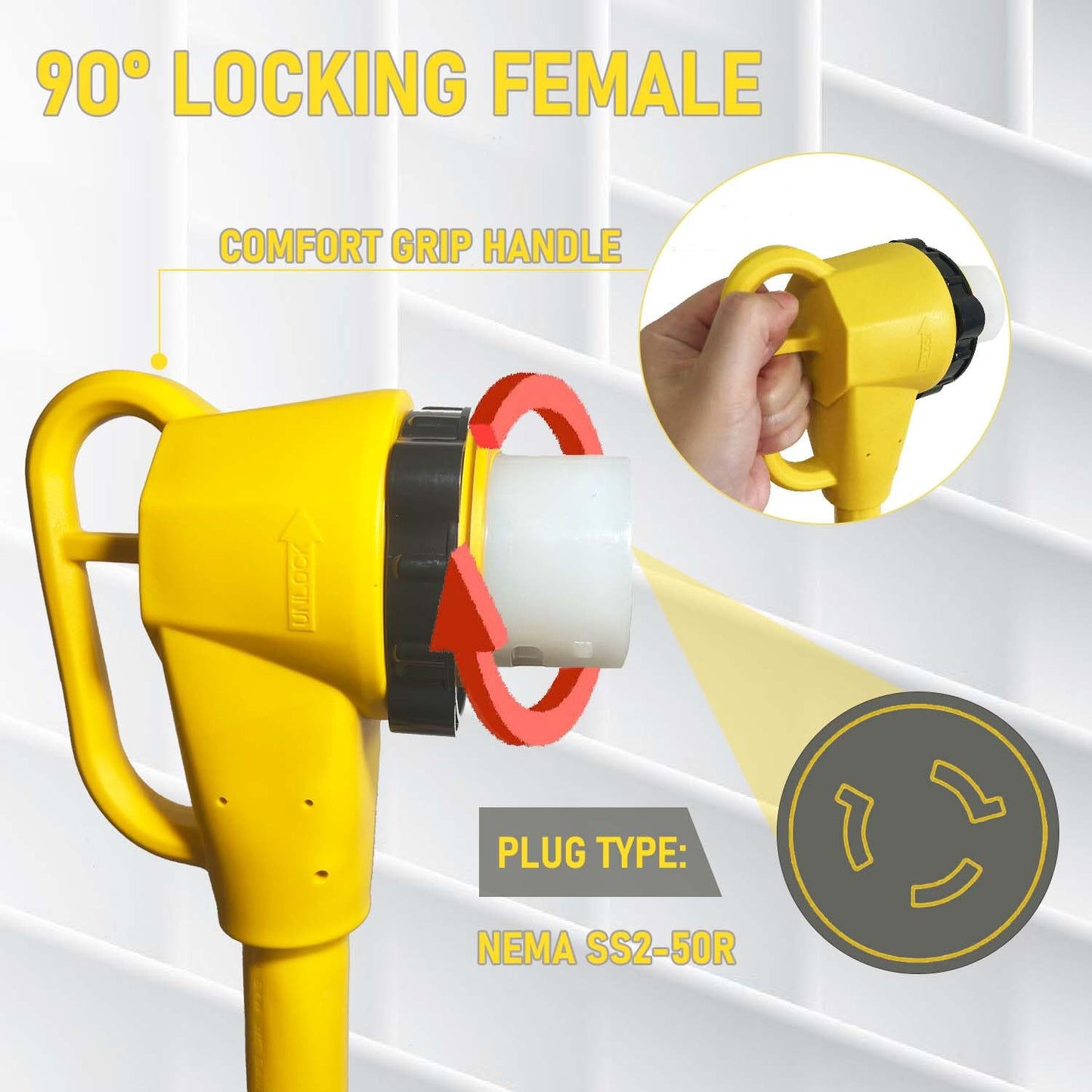 90 Degree 50 Amp RV Twist Lock Plug, NEMA SS2-50P to SS2-50R RV Adapter, 1.5ft Heavy Duty Extension Cord Adapter with 50Amp Power Locking Male and 50 Amp 90 Degree Locking Female Ends, Yellow