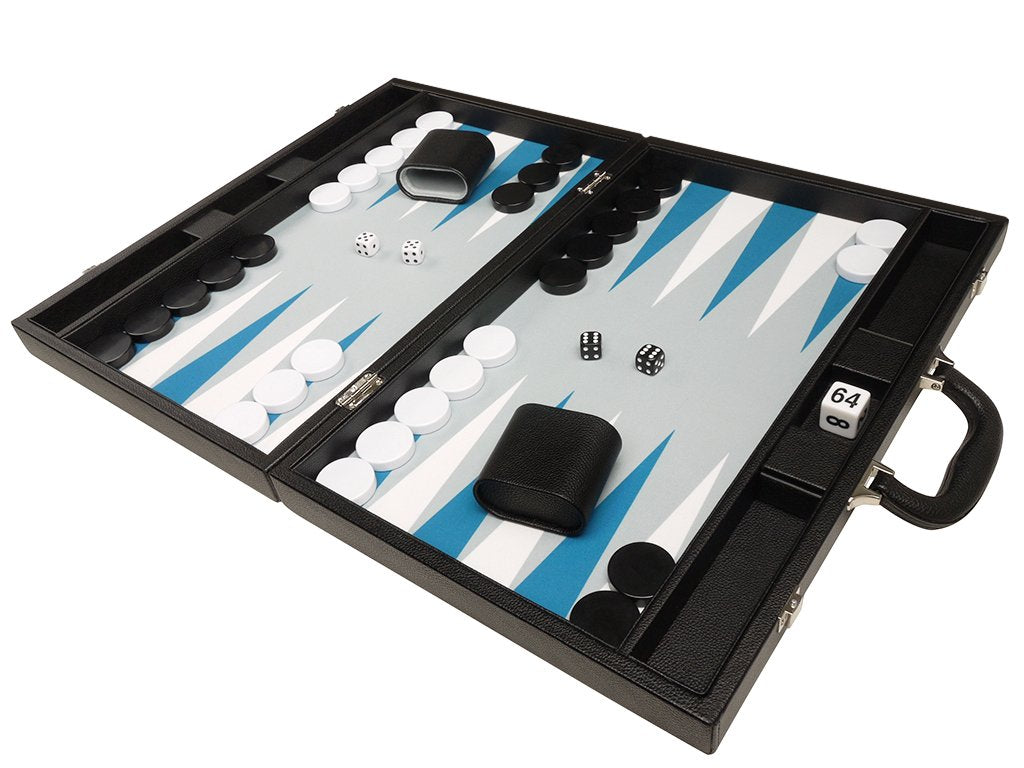 19-inch Premium Backgammon Set - Large Size - Black with White and Astral Blue Points
