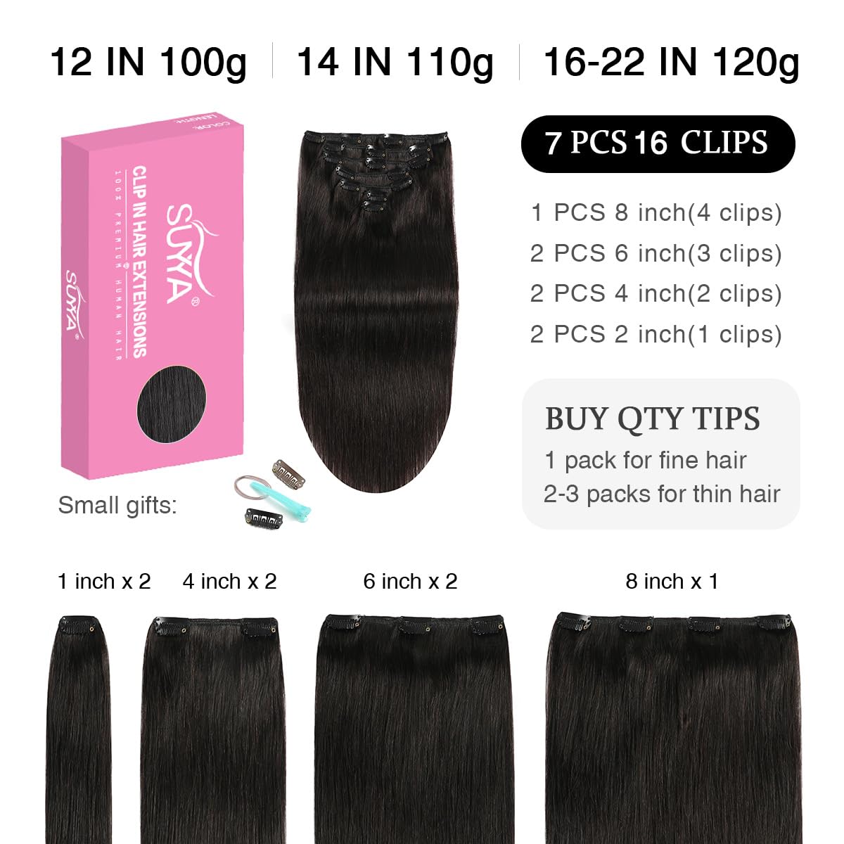 SUYYA Clip in Hair Extensions Real Human Hair,Hair Extensions Clip ins Straight Human Hair Clip ins Double Weft Natural Black Human Hair Clip in Extensions 7pcs 120g (20 inches #1B Off Black)