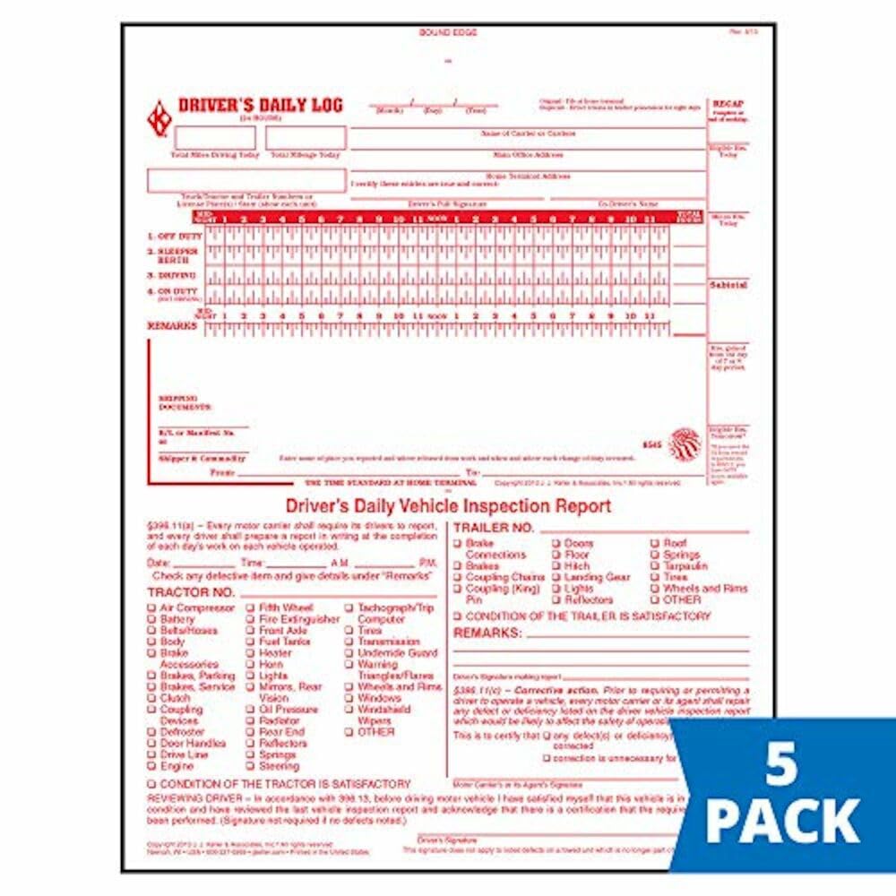 2-in-1 Driver Daily Log Book 5-pk. with Detailed Driver Vehicle Inspection Report & Simplified Recap - Book Format with 31 Sets, 2-Ply Carbonless, 8.5" x 11", J. J. Keller & Associates, Inc.