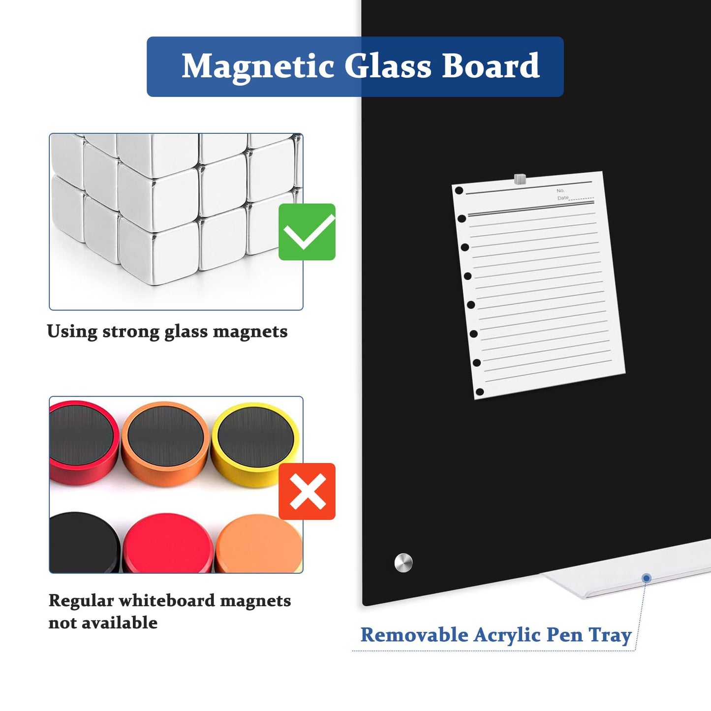AMUSIGHT Black Dry Erase Board, 48'' x 36'' Magnetic Large Black Glass Board Frameless Wall Mounted Glass Whiteboard for Office, School & Home with 1 Acrylic Marker Tray & 3 Strong Magnet