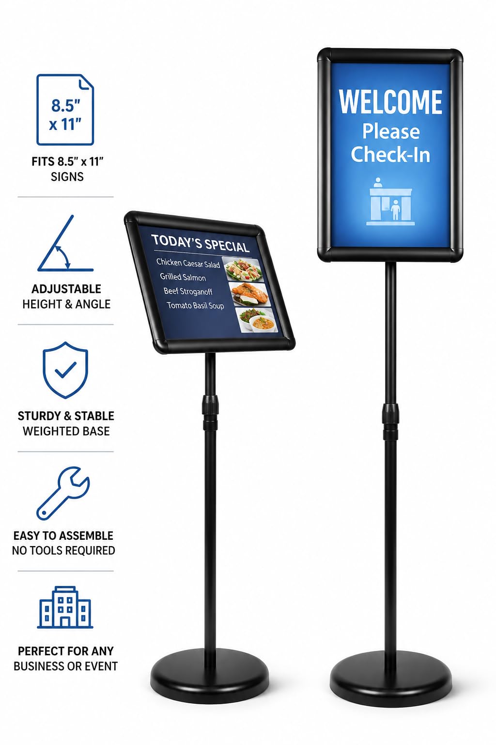 BNUM Adjustable Poster Stand 8.5 x 11 Sign Holder with Weighted Base Floor Standing Display Stand for Menus, Flyers, Check-In Signs, Weddings, Restaurants, Stores & Offices (Round Corner)