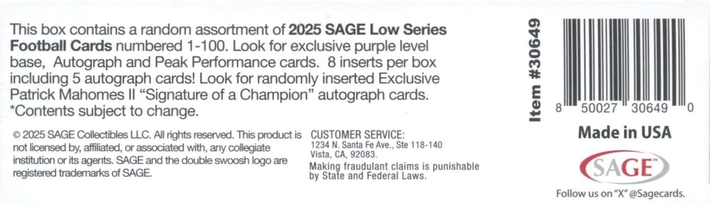 2025 Sage Football Low Series HUGE Factory Sealed MEGA Box with (5) AUTOGRAPHS, (8) INSERTS & Tons of ROOKIES! Look for RC & Autos of Cam Ward, Carson Beck, Dillion Gabriel, Ashton Jentry & More!