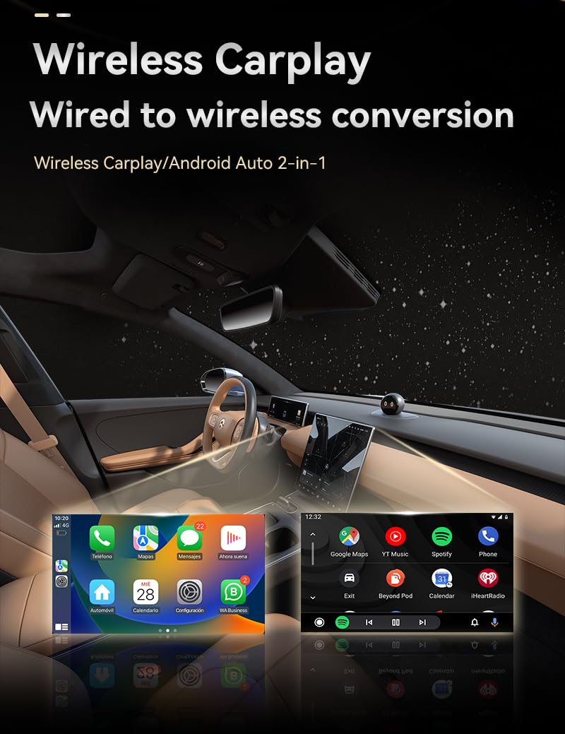 2-in-1 Wireless CarPlay & Android Auto Adapter, Plug & Play CarPlay Dongle Converts Wired to Wireless, Fast Auto-Connect, No Delay, Compact Design for iPhone & Android with USB/USB-C Port