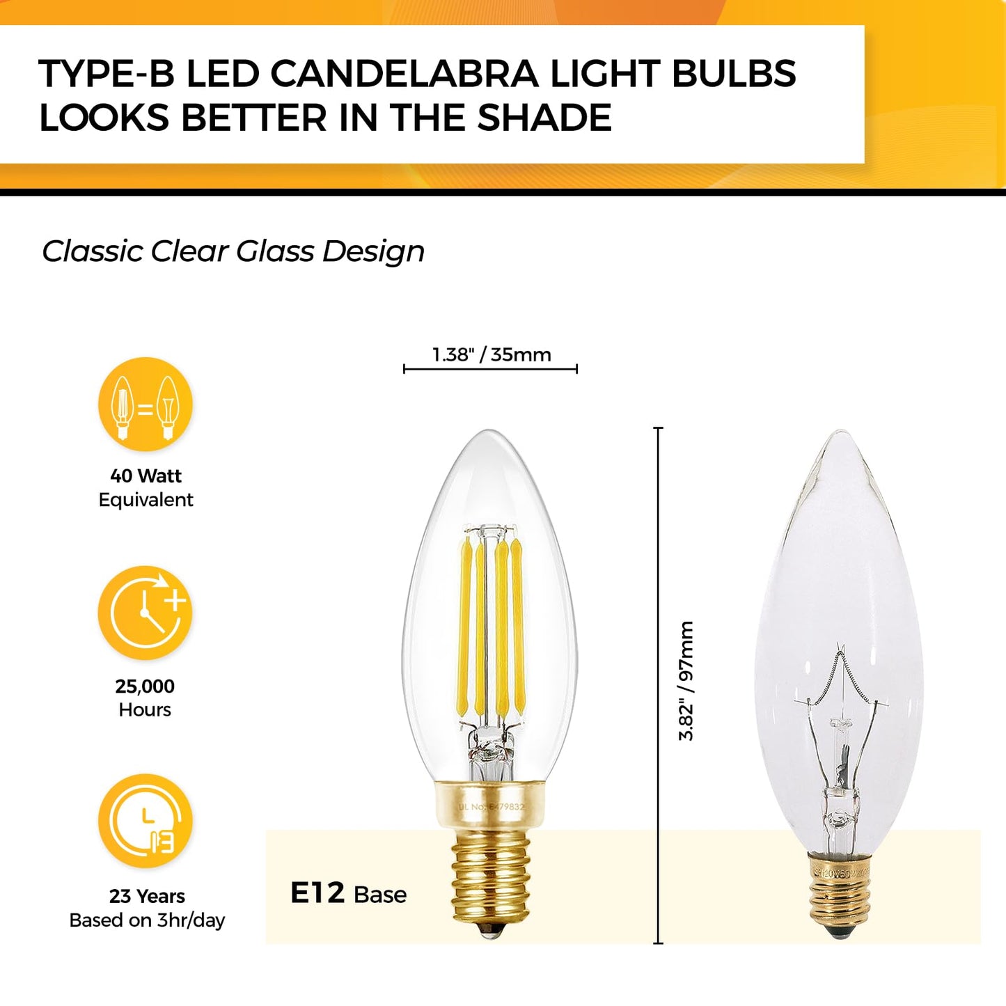 Hizashi E12 Candelabra LED Light Bulbs 40 Watt Chandelier Light Bulbs Dimmable 5000K Daylight, B10 LED Candelabra Bulbs, 90+CRI, 4W, 450LM, Candle Bulbs, UL Listed, 24 Pack
