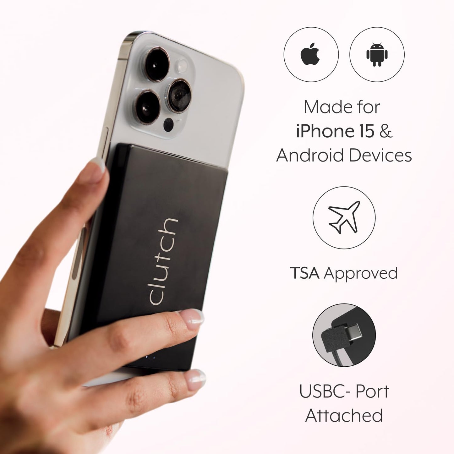 Clutch - Pro USB-C Portable Charger - Compatible with iPhone 15, 16 & Android Devices - Power Bank Magnetic Battery - TSA Travel Approved - USB Rechargeable - Built-in Cable - 5000 mAh - 3.7oz - Black