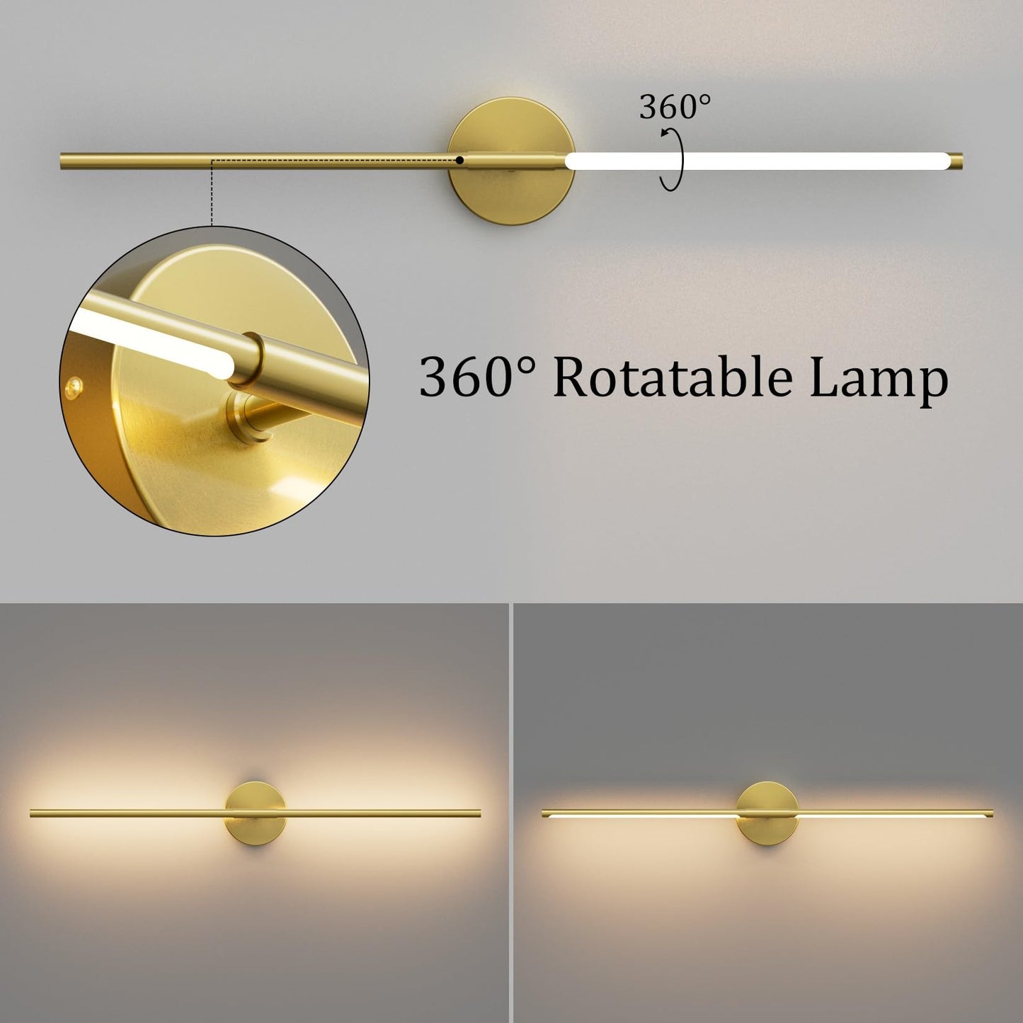 Coinmit Modern Wall Sconce for Bathroom 33In Gold Vanity Light Fixture Hardwired 3000K Bathroom Sconce 360° Rotate Warm Light for Bedroom